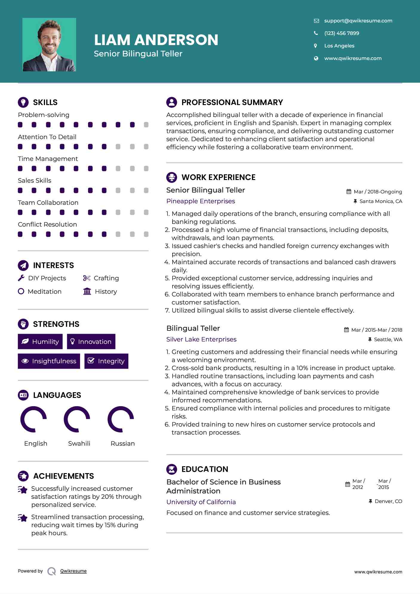 Senior Bilingual Teller Resume Format