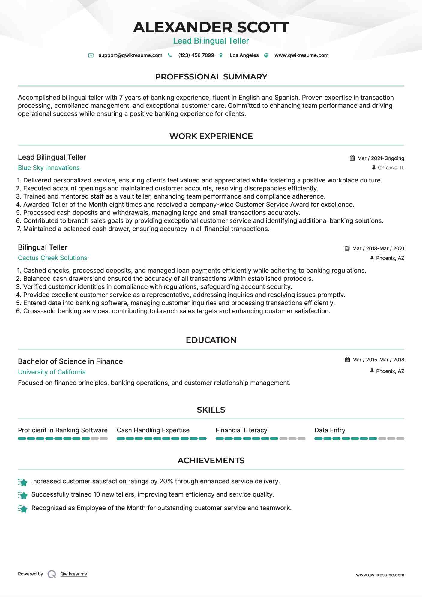Lead Bilingual Teller Resume Format