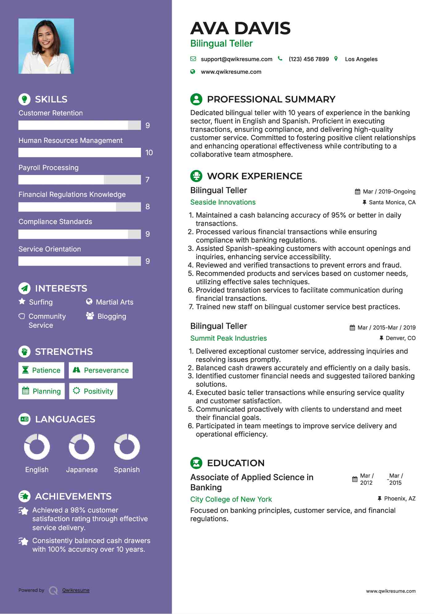 Bilingual Teller Resume Model