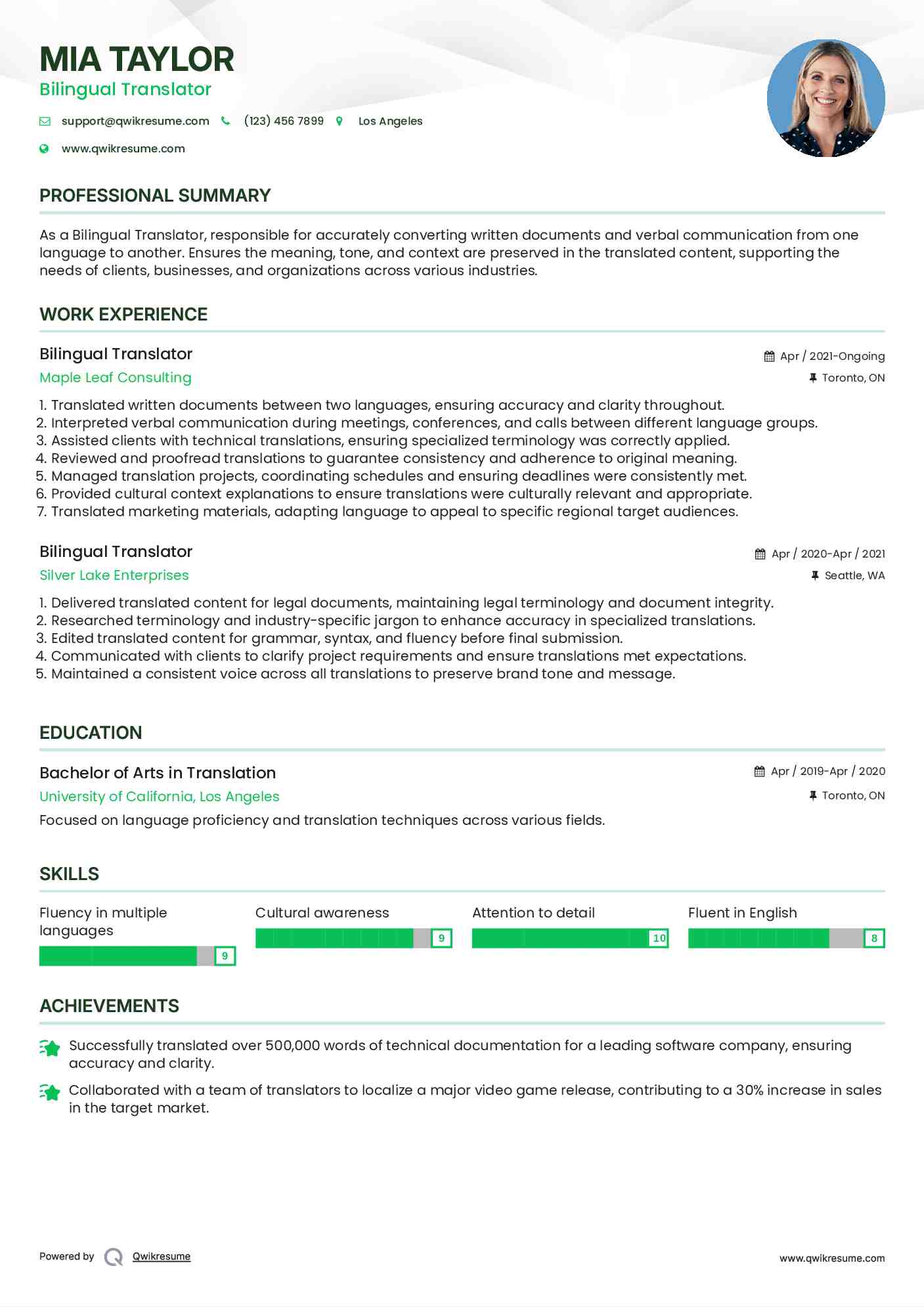 Bilingual Translator Resume Model