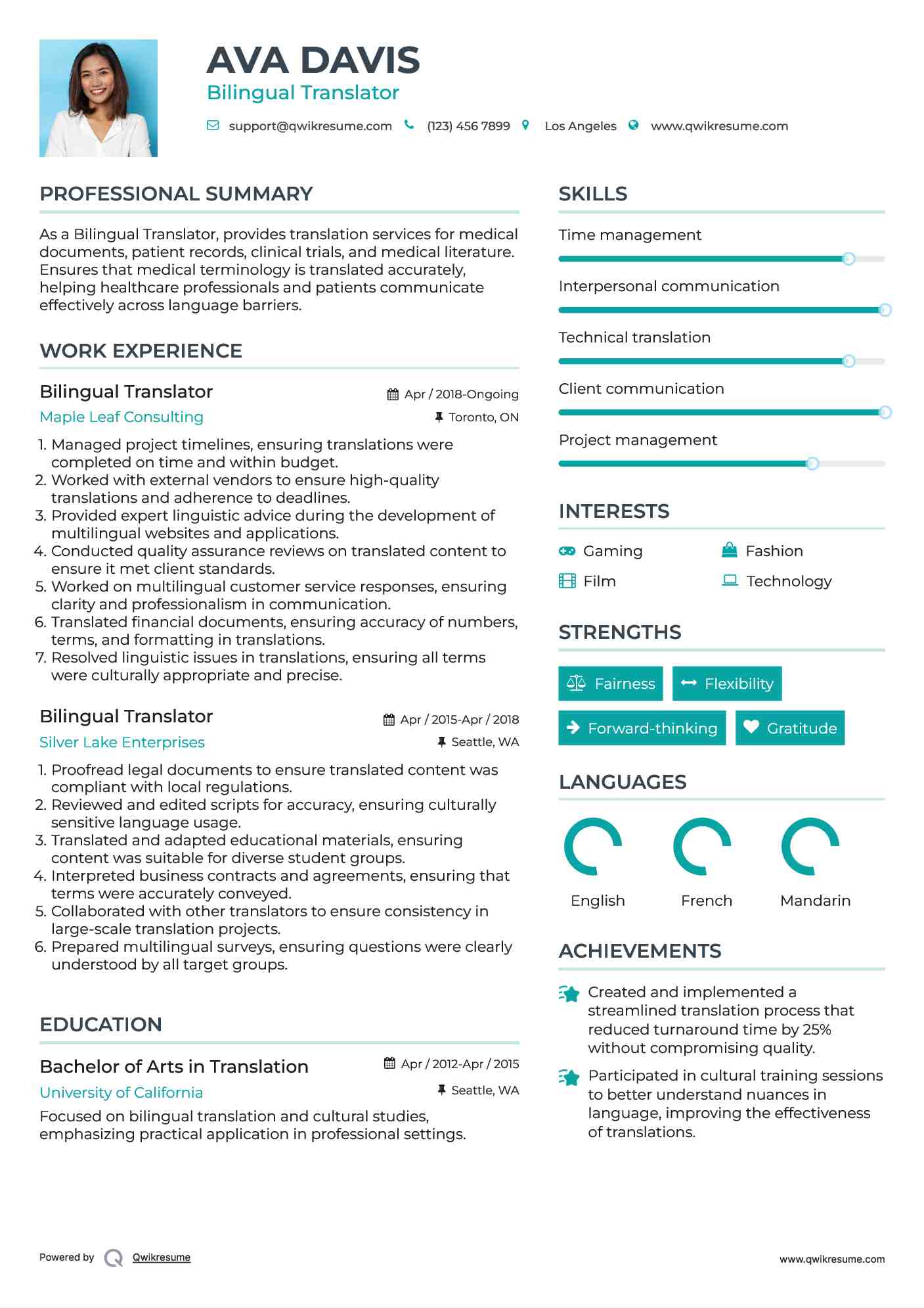 Bilingual Translator Resume Format