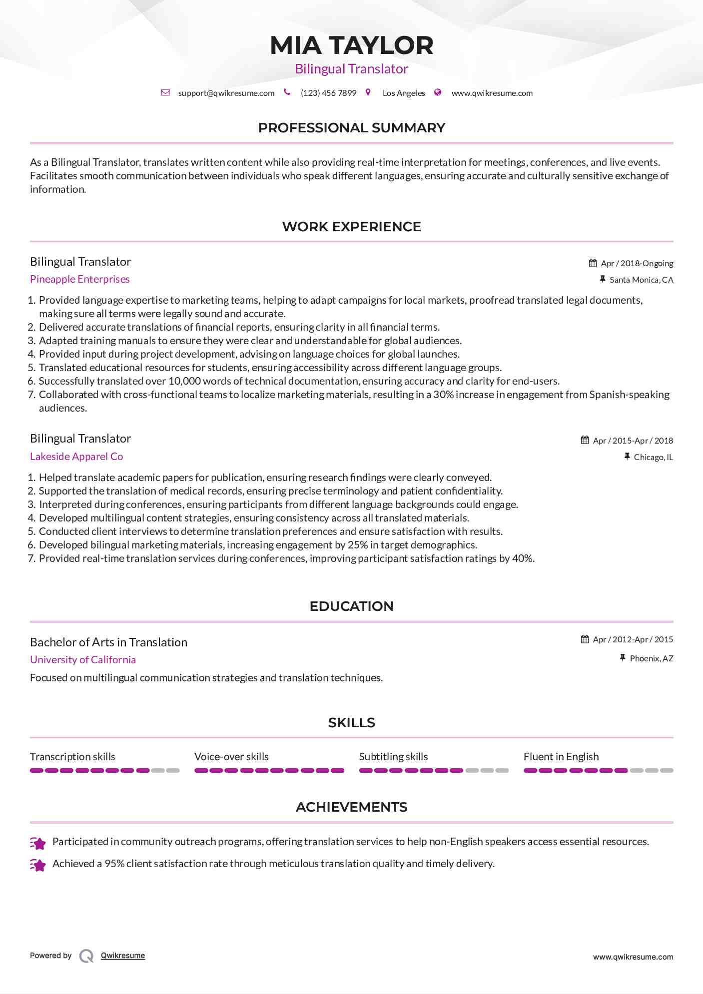 Bilingual Translator Resume Model