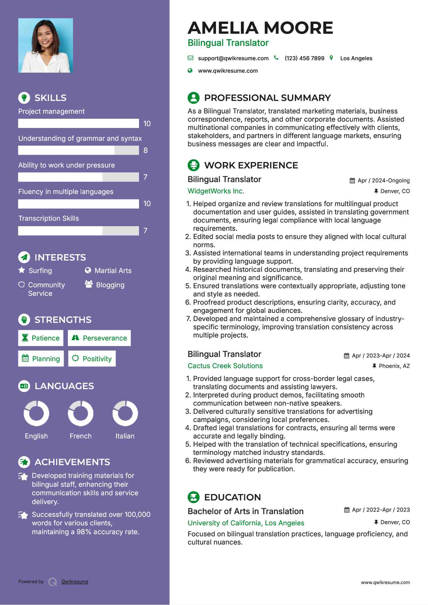 Bilingual Translator Resume Sample