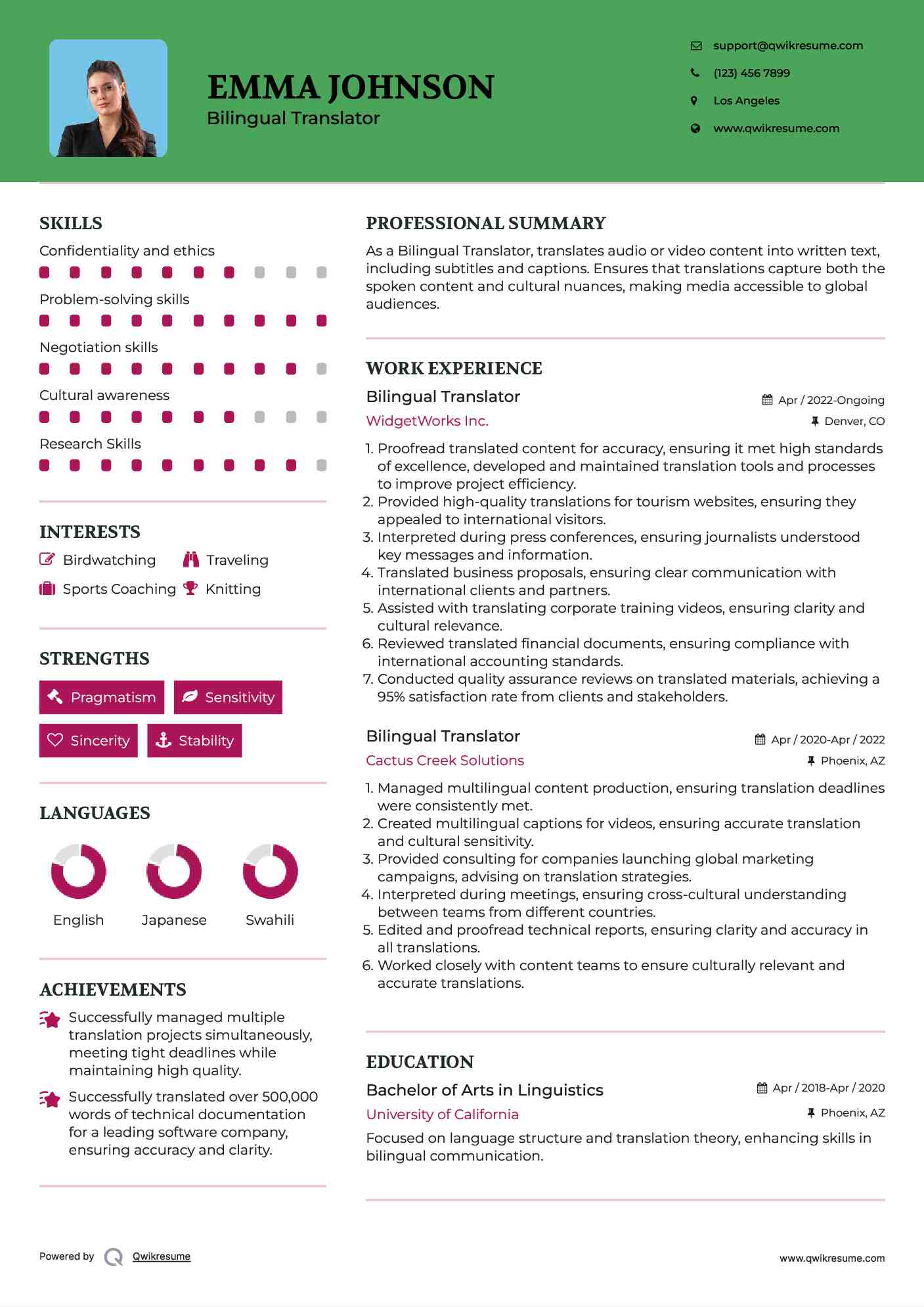 Bilingual Translator Resume Example