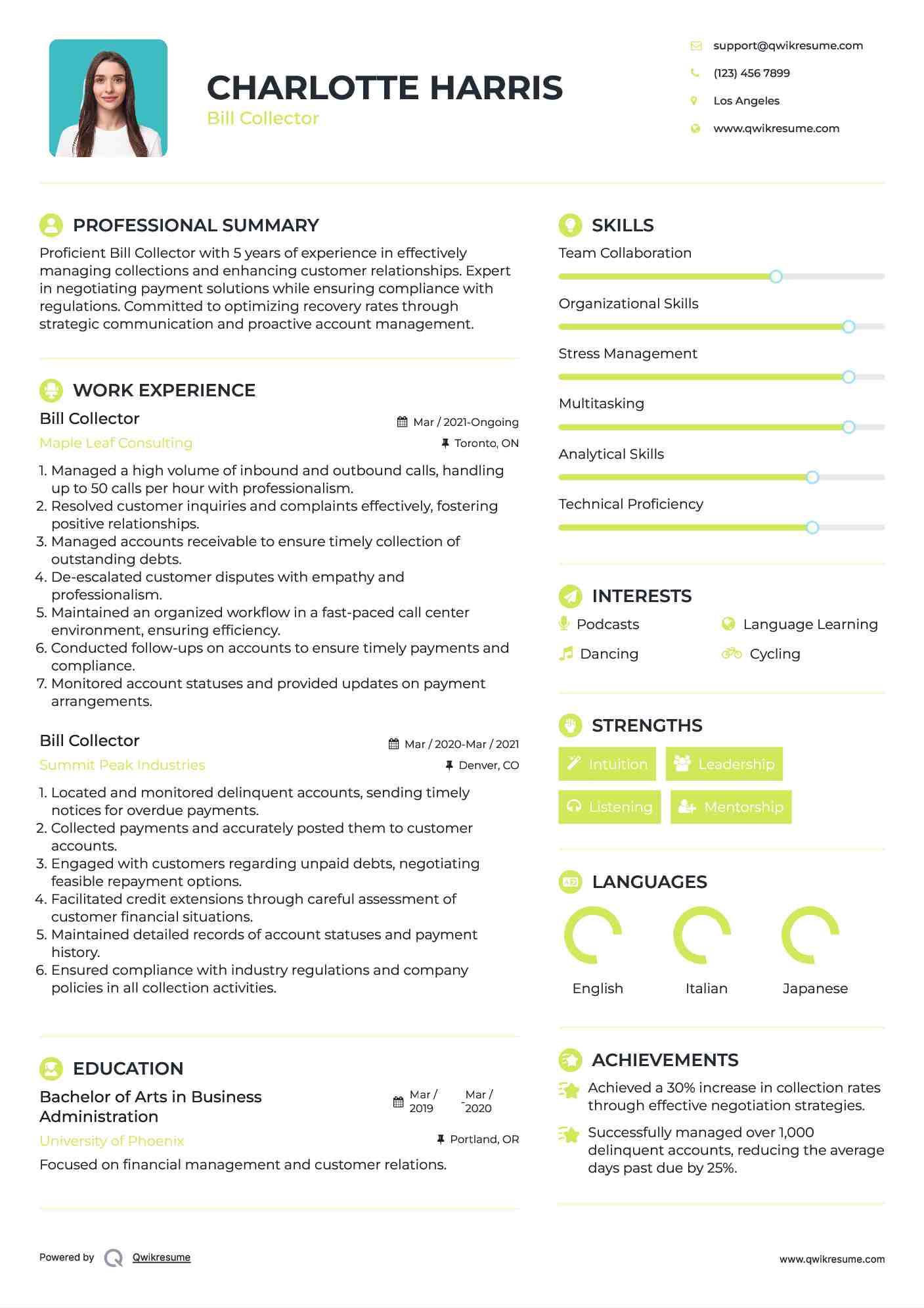 Bill Collector Resume Example