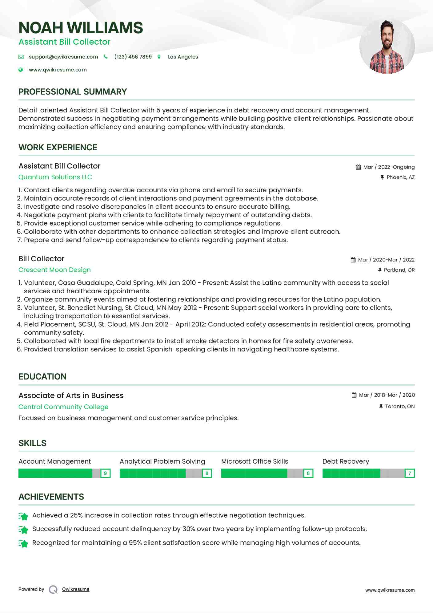 Assistant Bill Collector Resume Example
