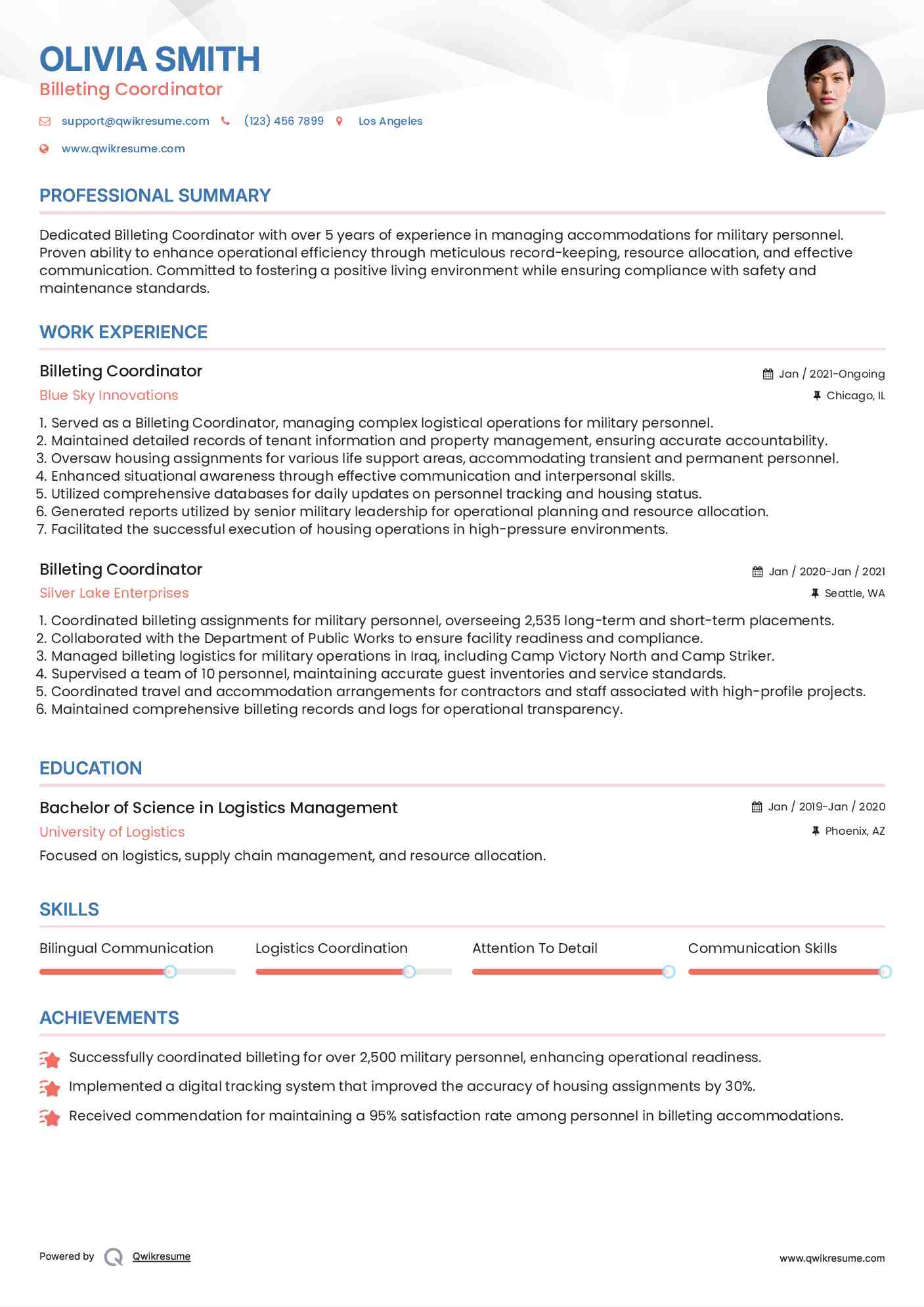 Billeting Coordinator Resume Example