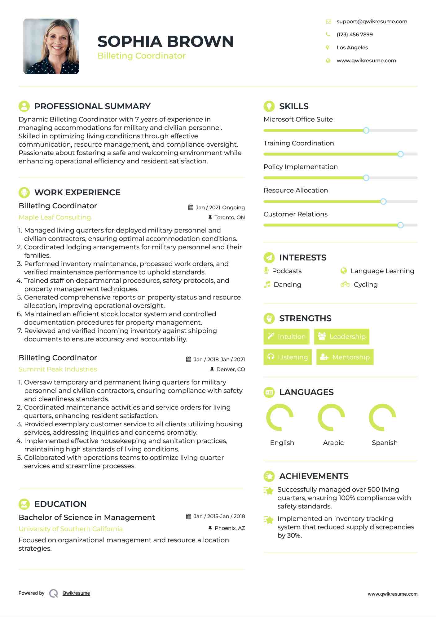 Billeting Coordinator Resume Format