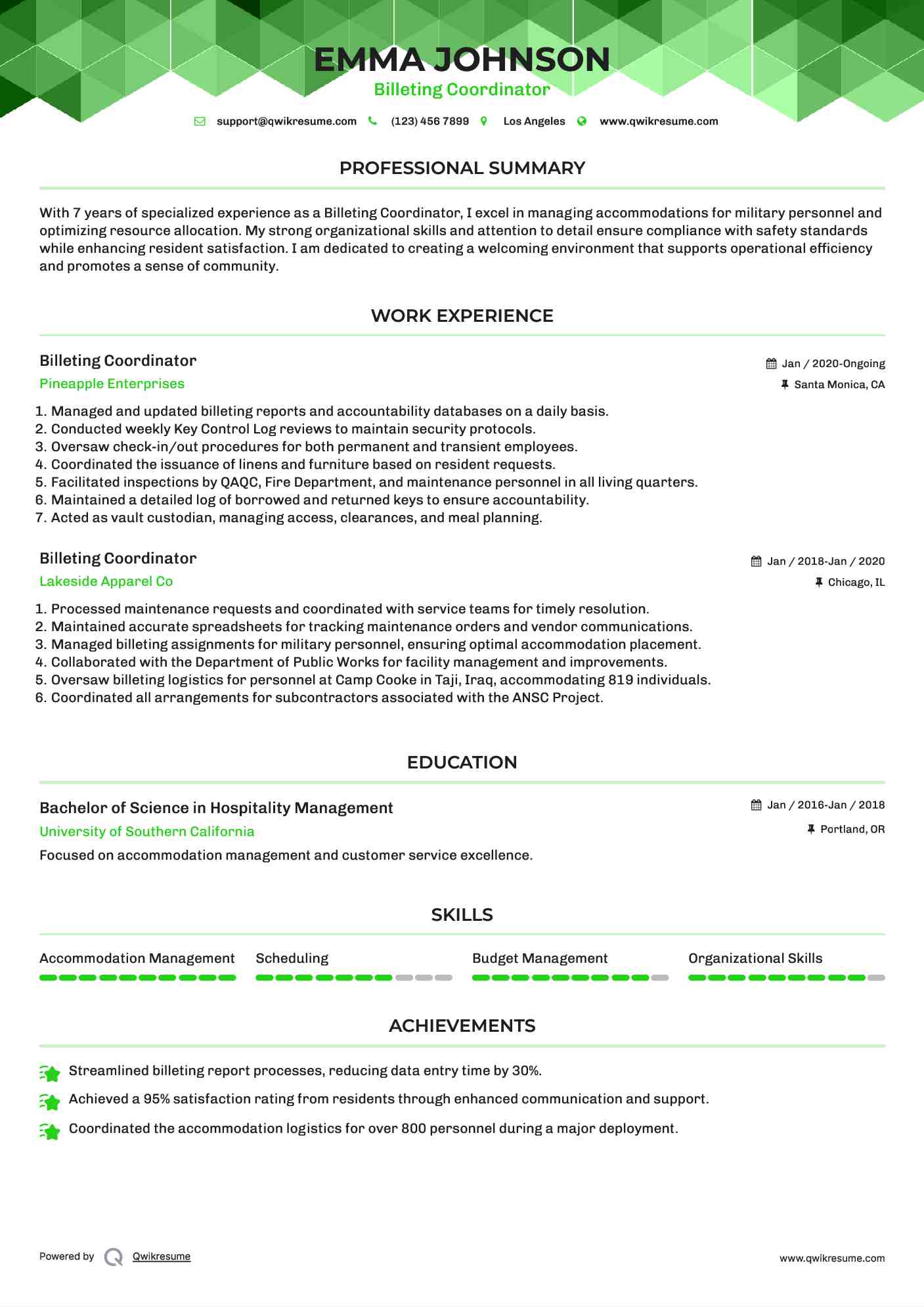 Billeting Coordinator Resume Sample