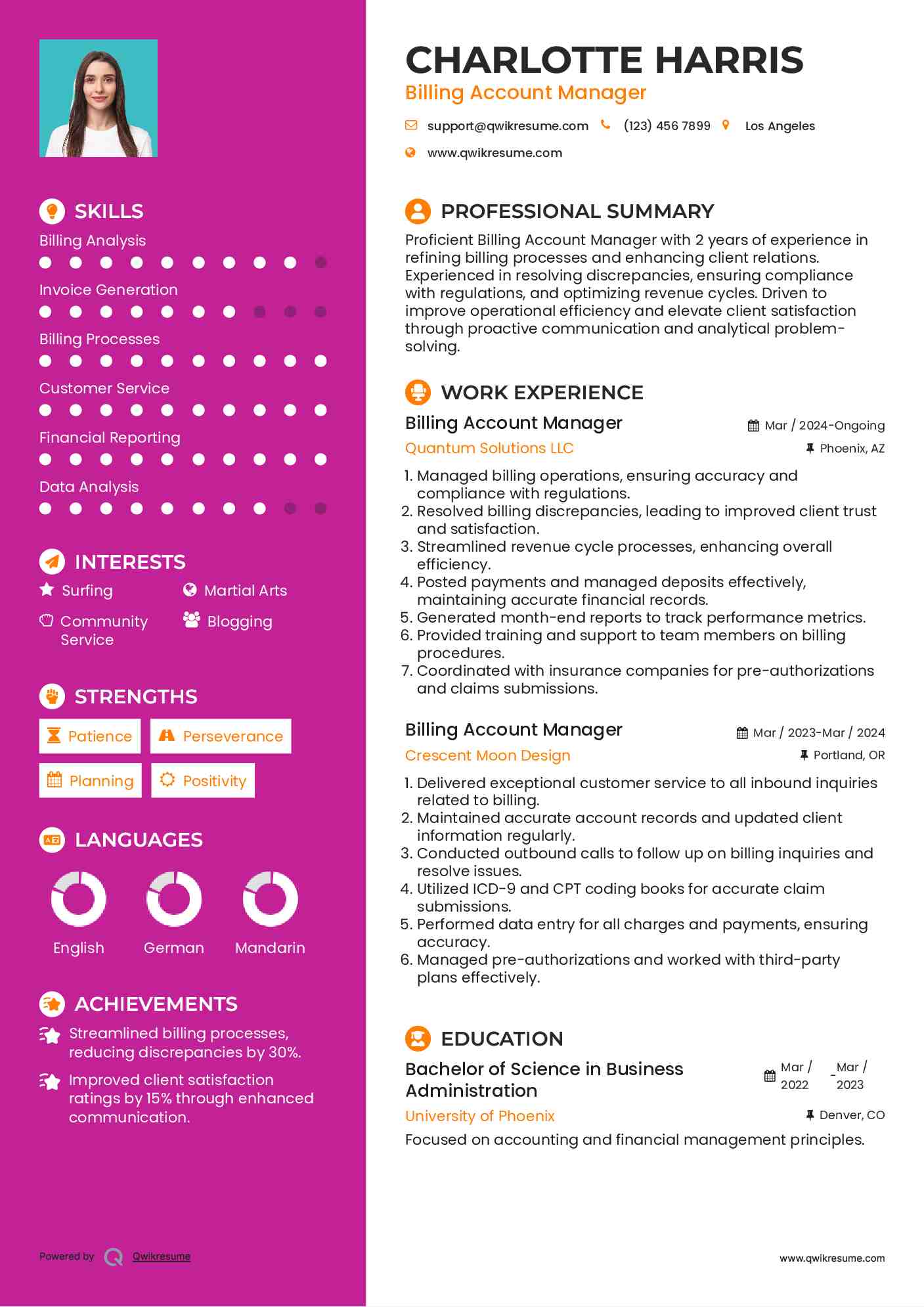 Billing Account Manager Resume Model