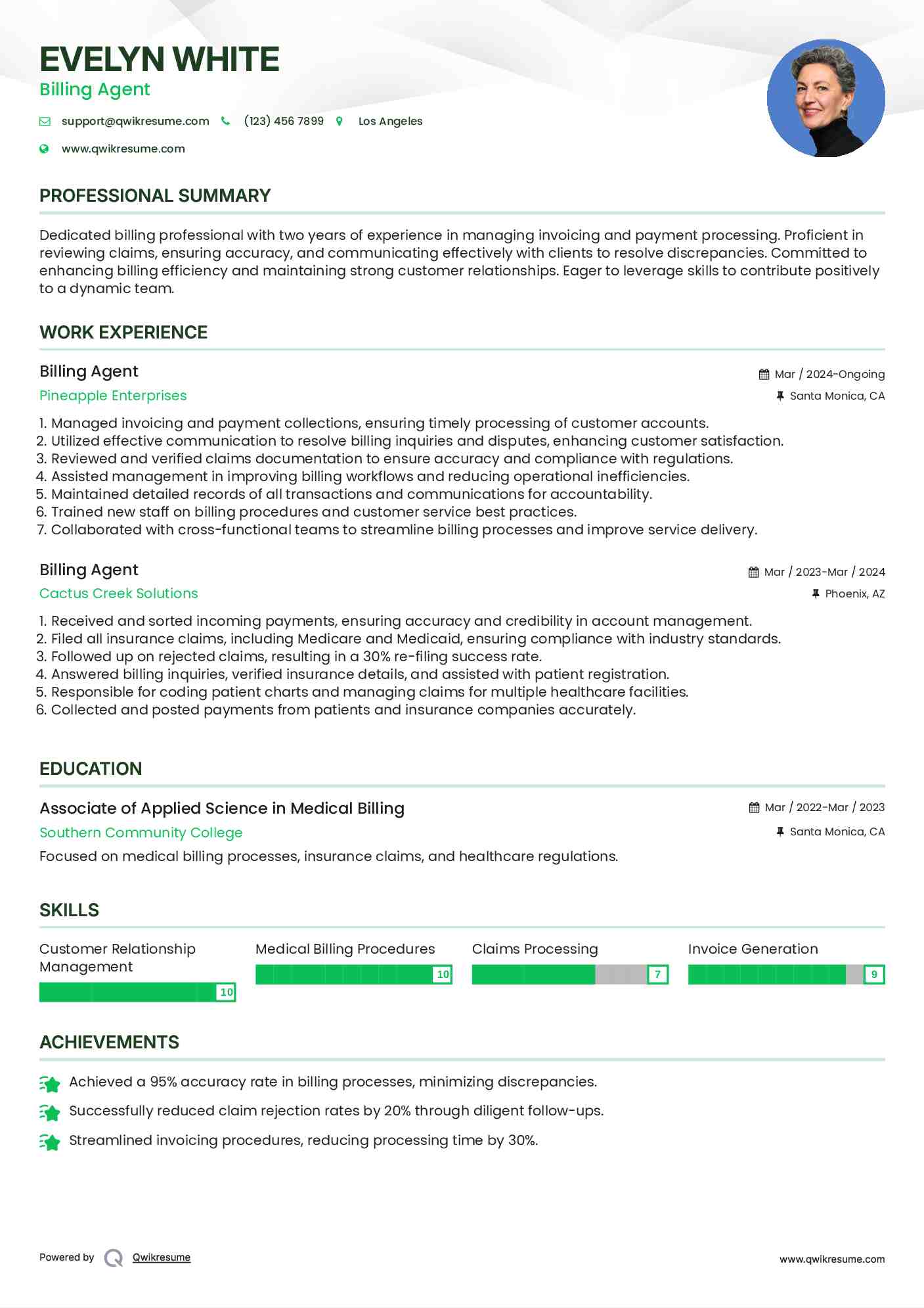Billing Agent Resume Format