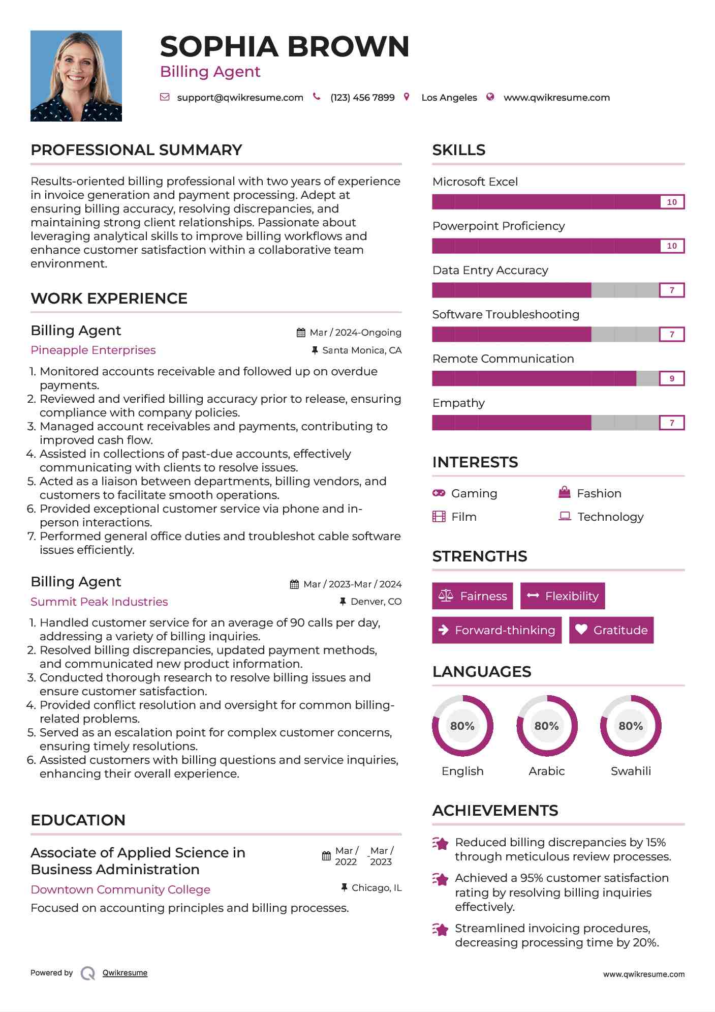 Billing Agent Resume Sample
