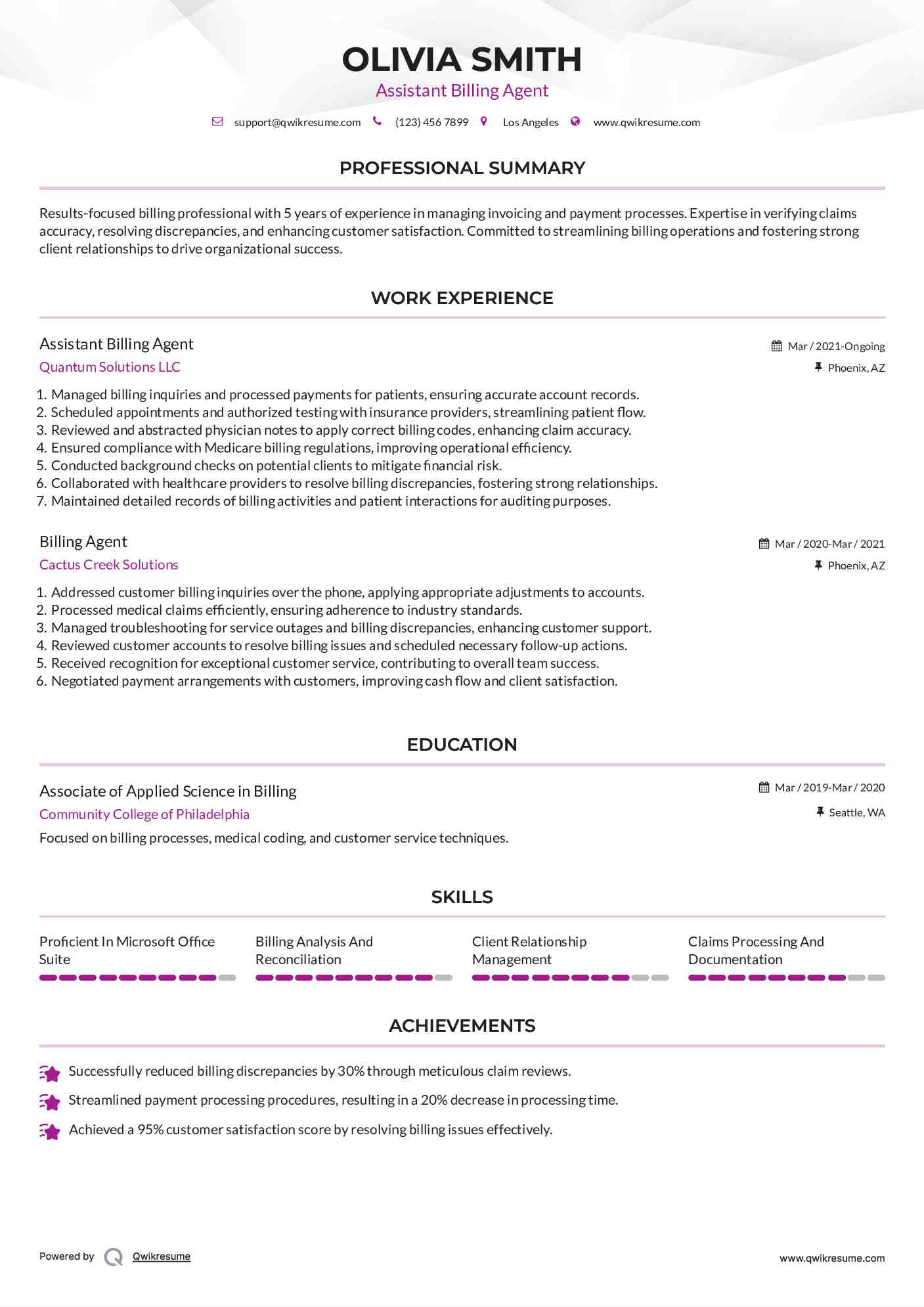 Assistant Billing Agent Resume Model