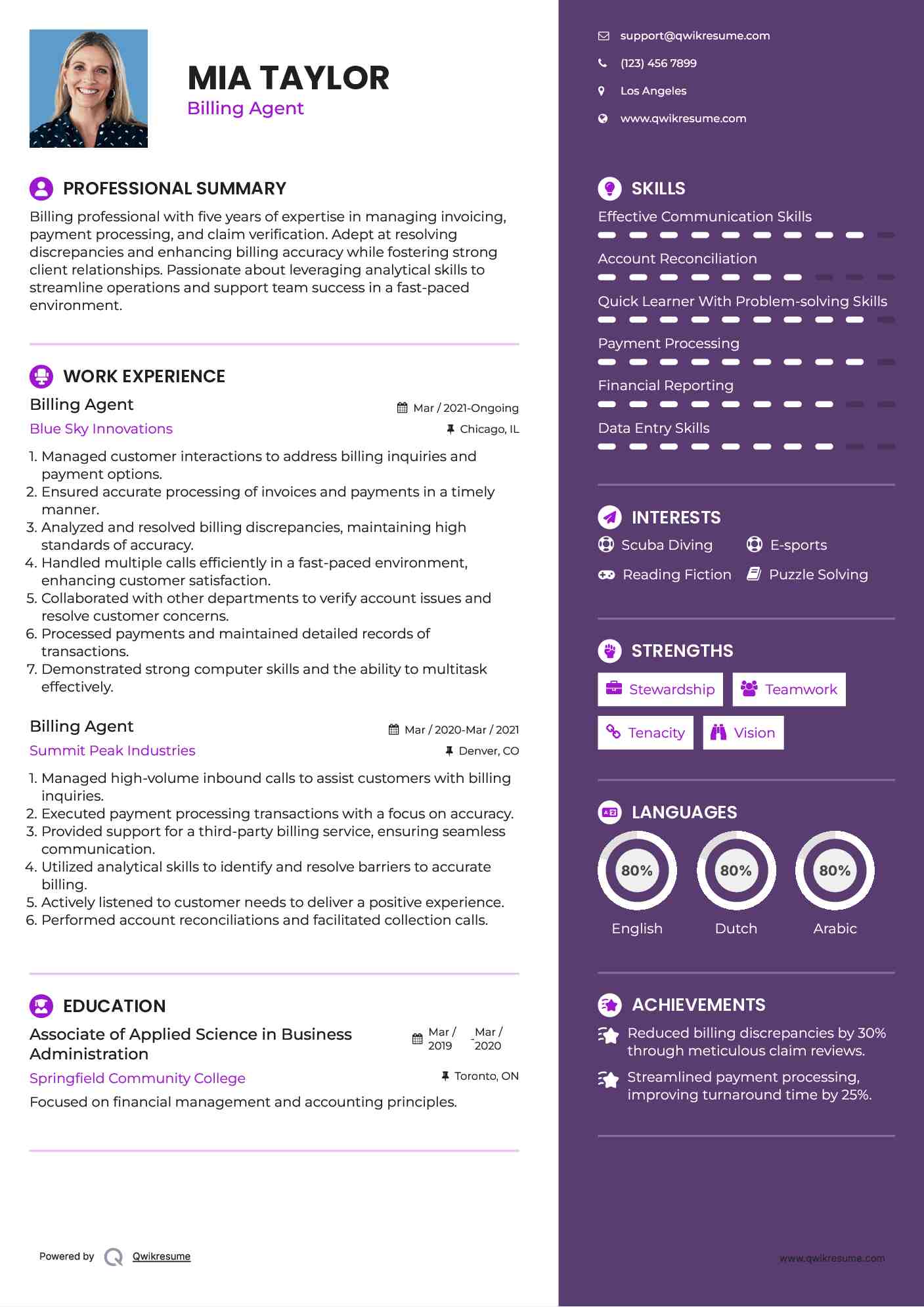 Billing Agent Resume Example