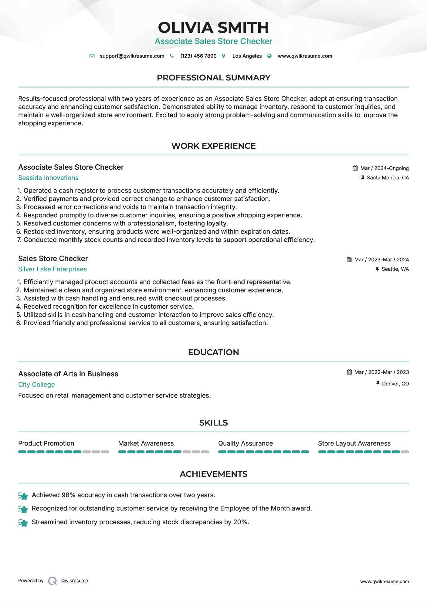 Associate Sales Store Checker  Resume Format