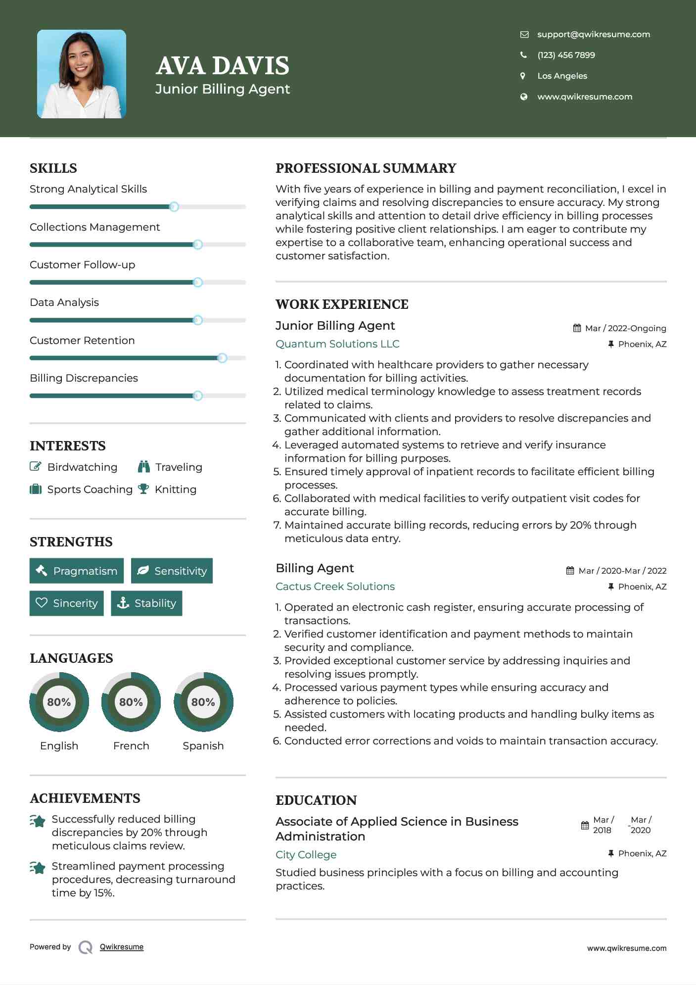 Junior Billing Agent Resume Example