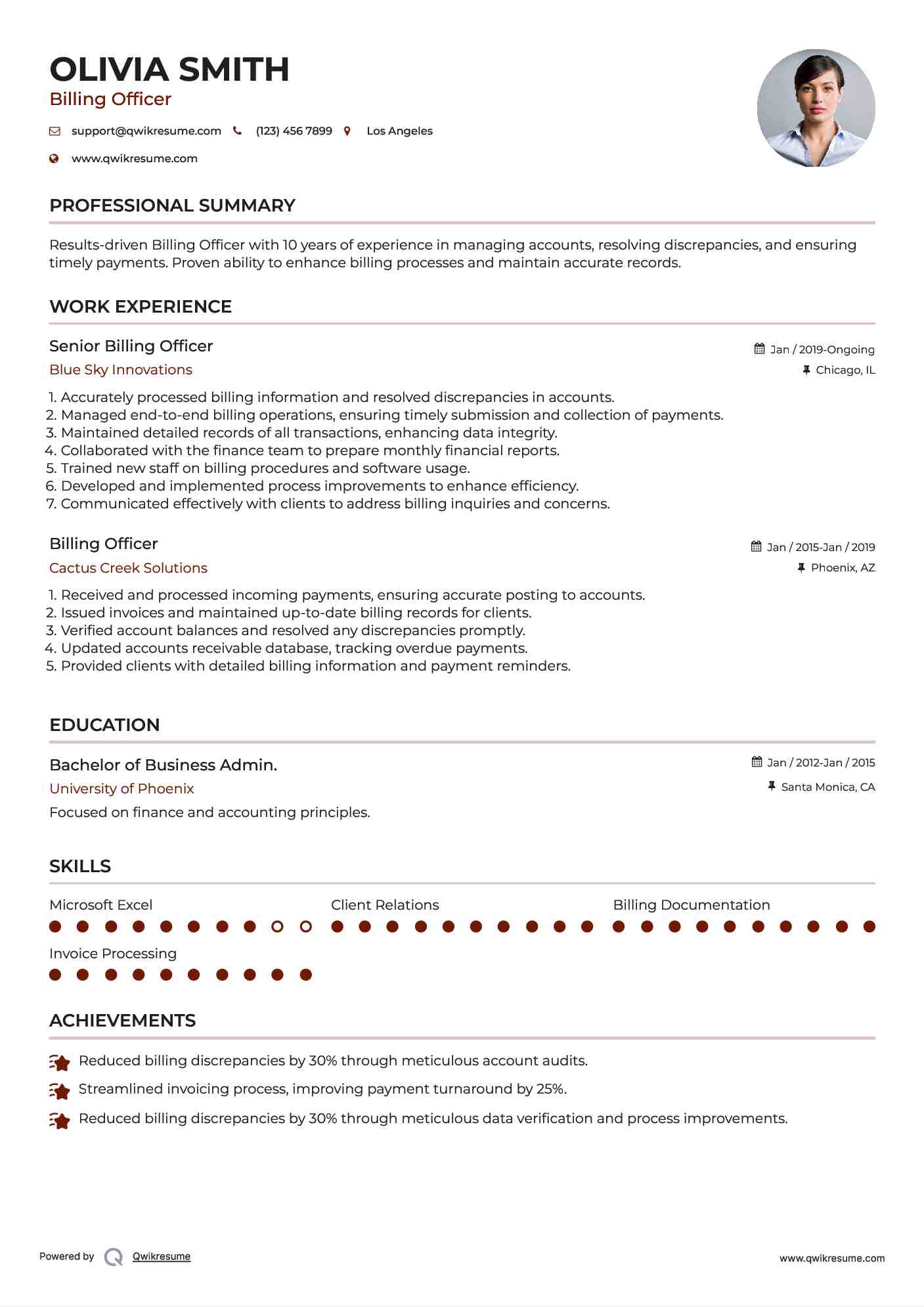 Senior Billing Officer Resume Model