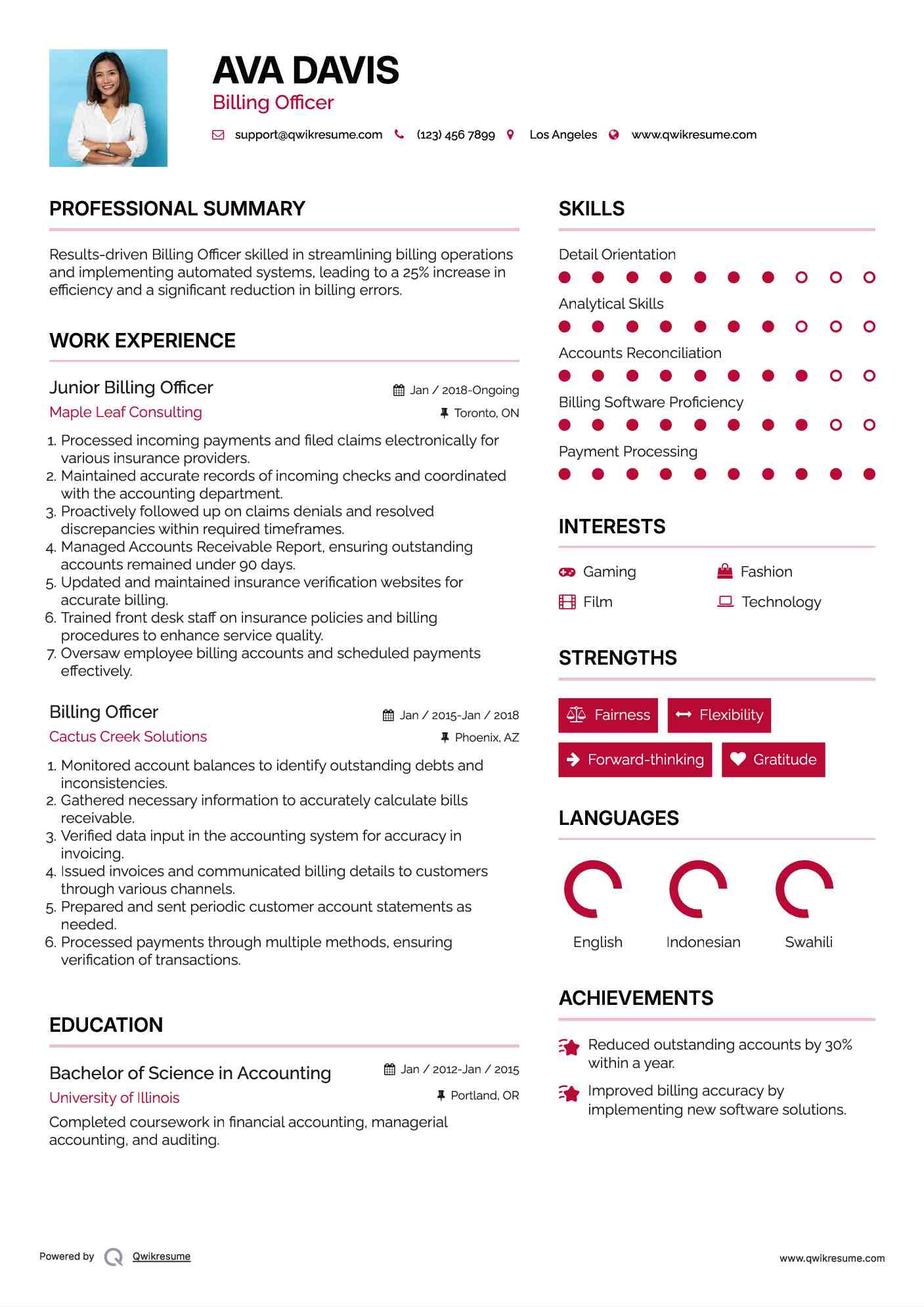 Junior Billing Officer Resume Format