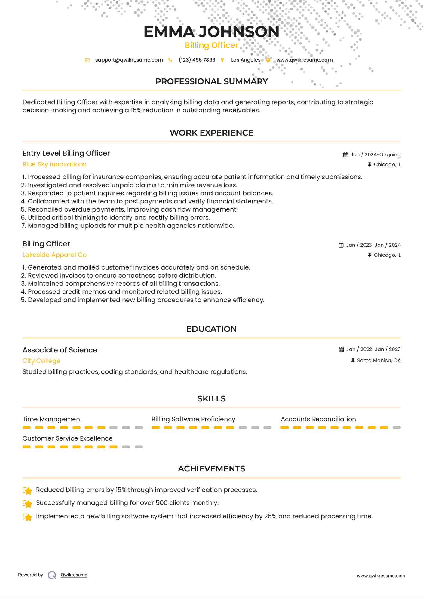 Entry Level Billing Officer Resume Example