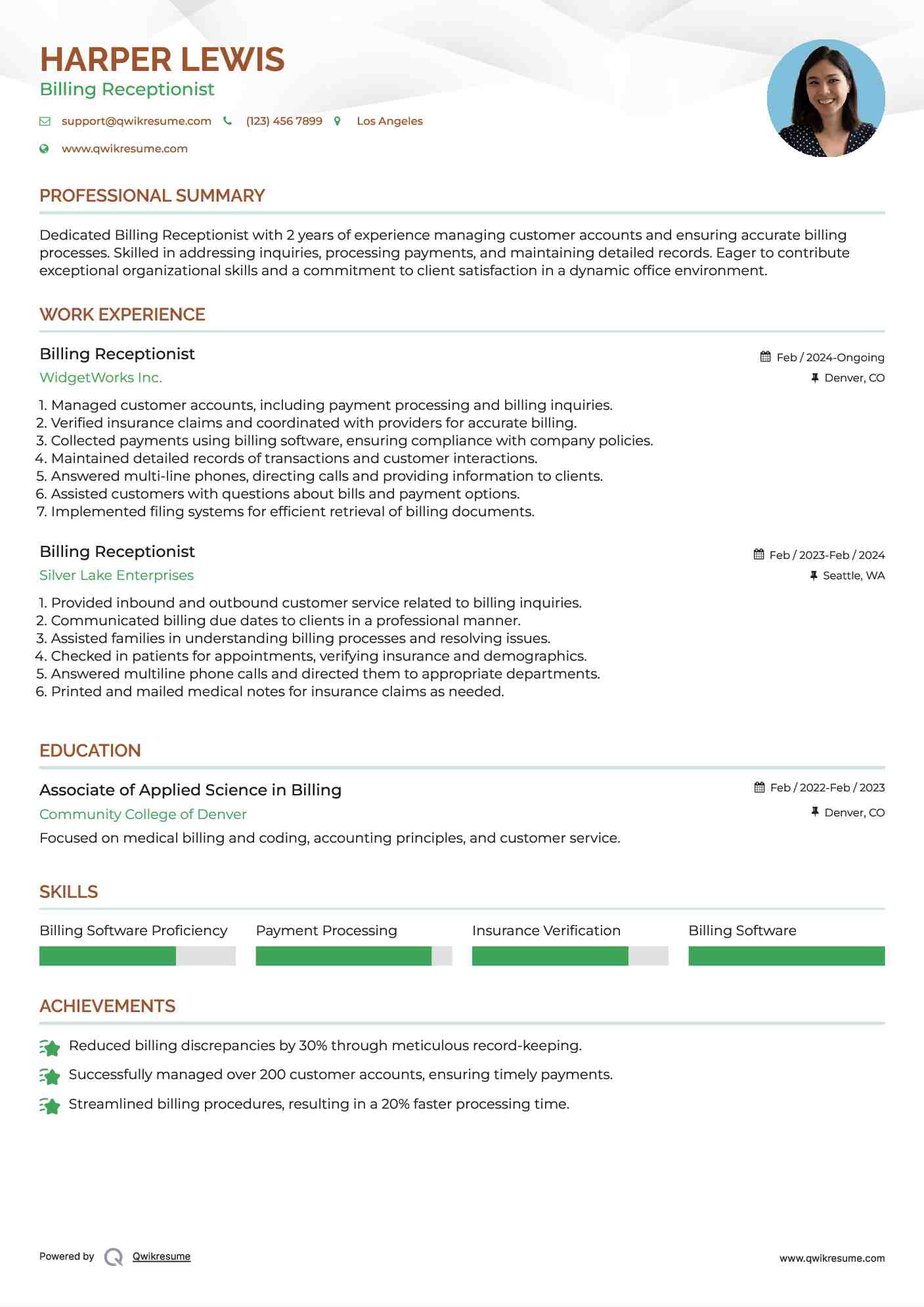 Billing Receptionist Resume Sample