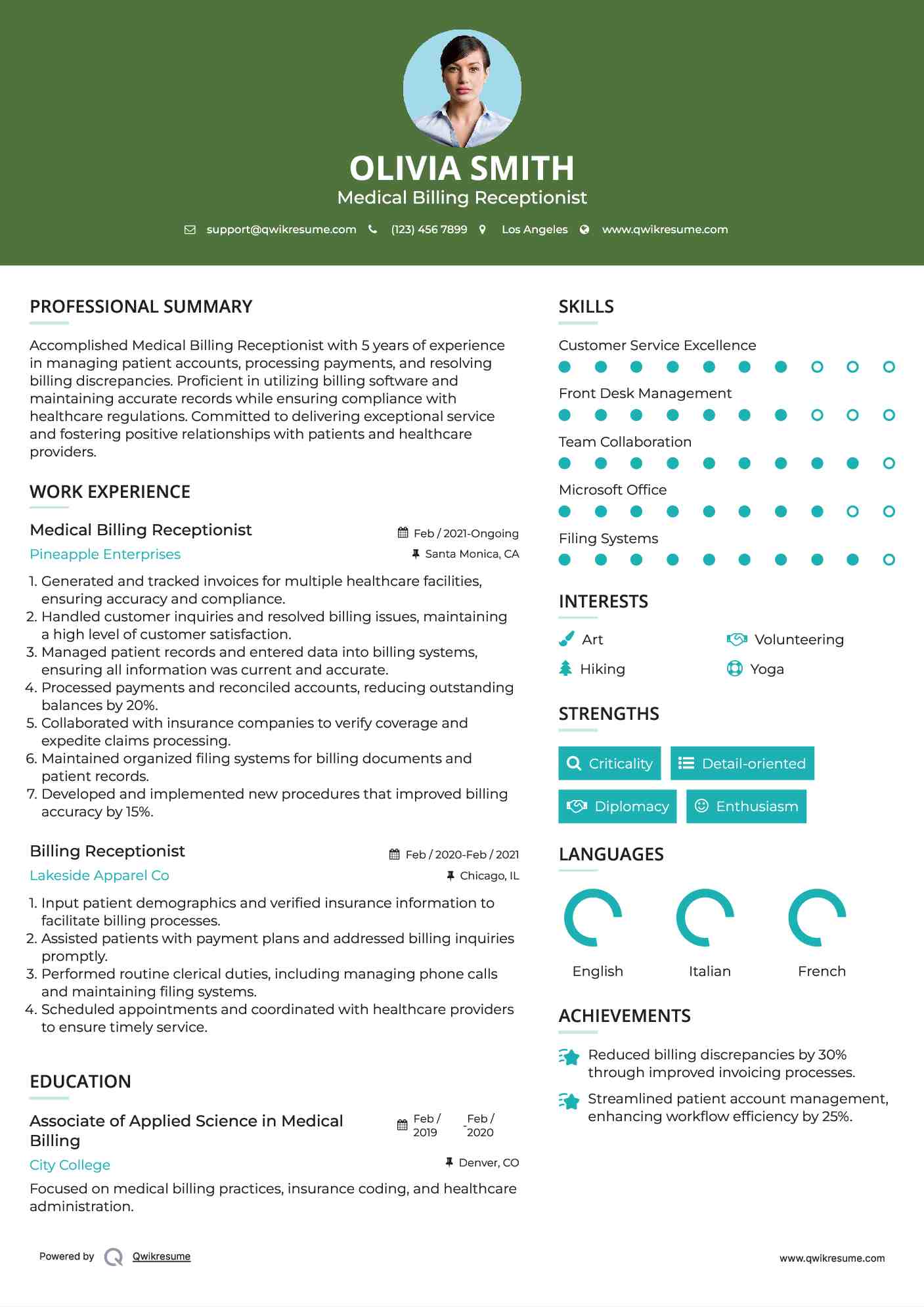 Medical Billing Receptionist Resume Template