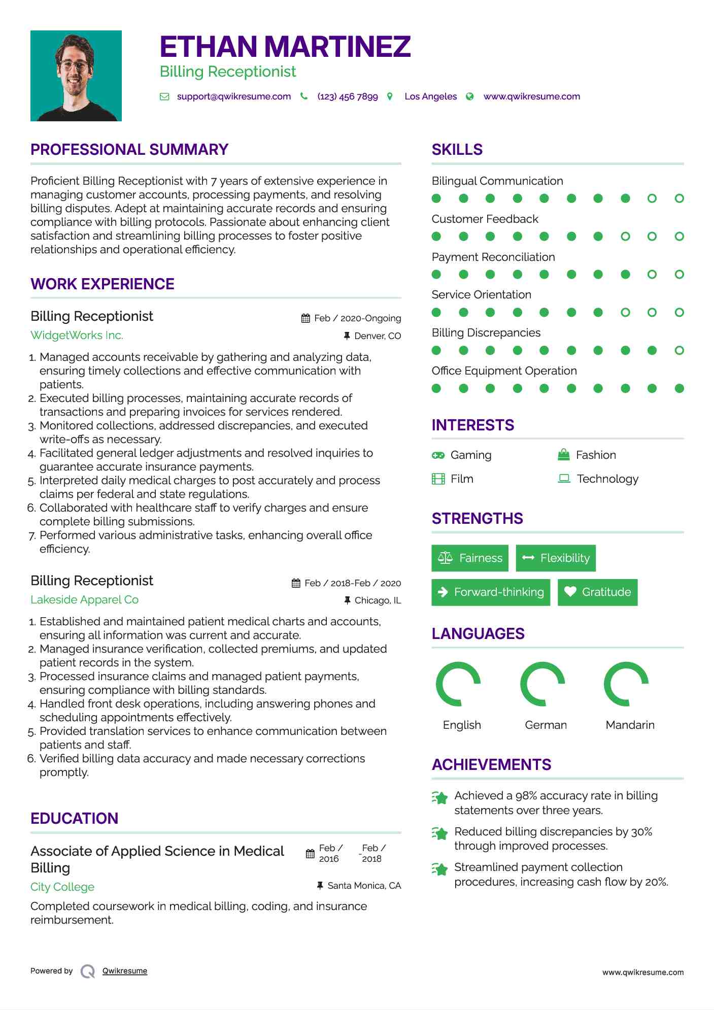 Billing Receptionist Resume Template