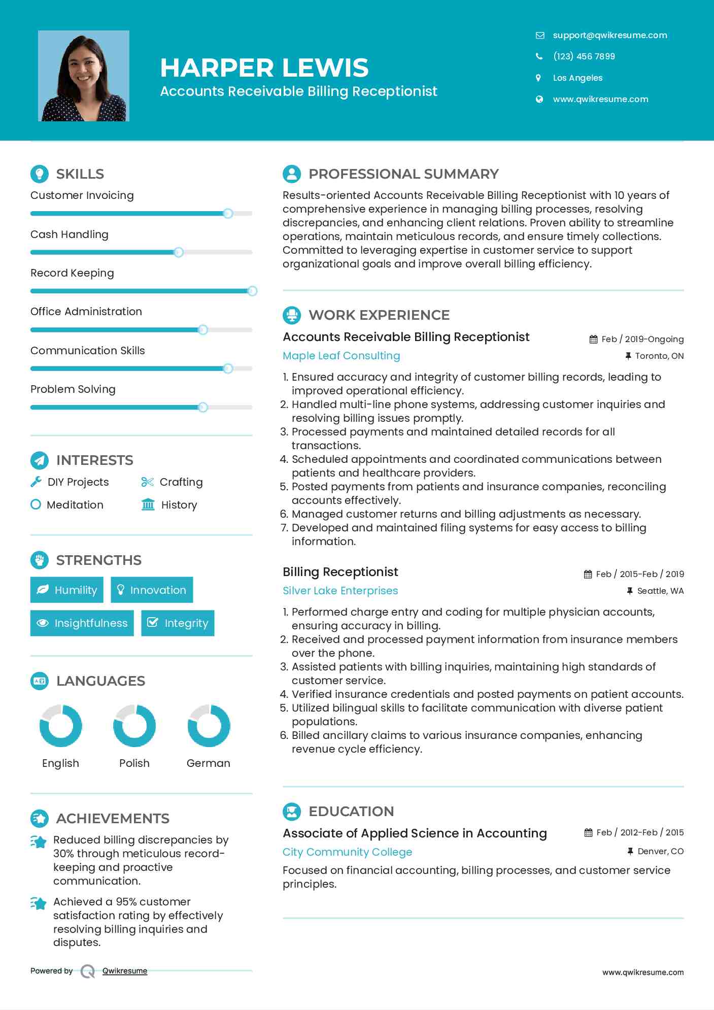 Accounts Receivable Billing Receptionist Resume Example