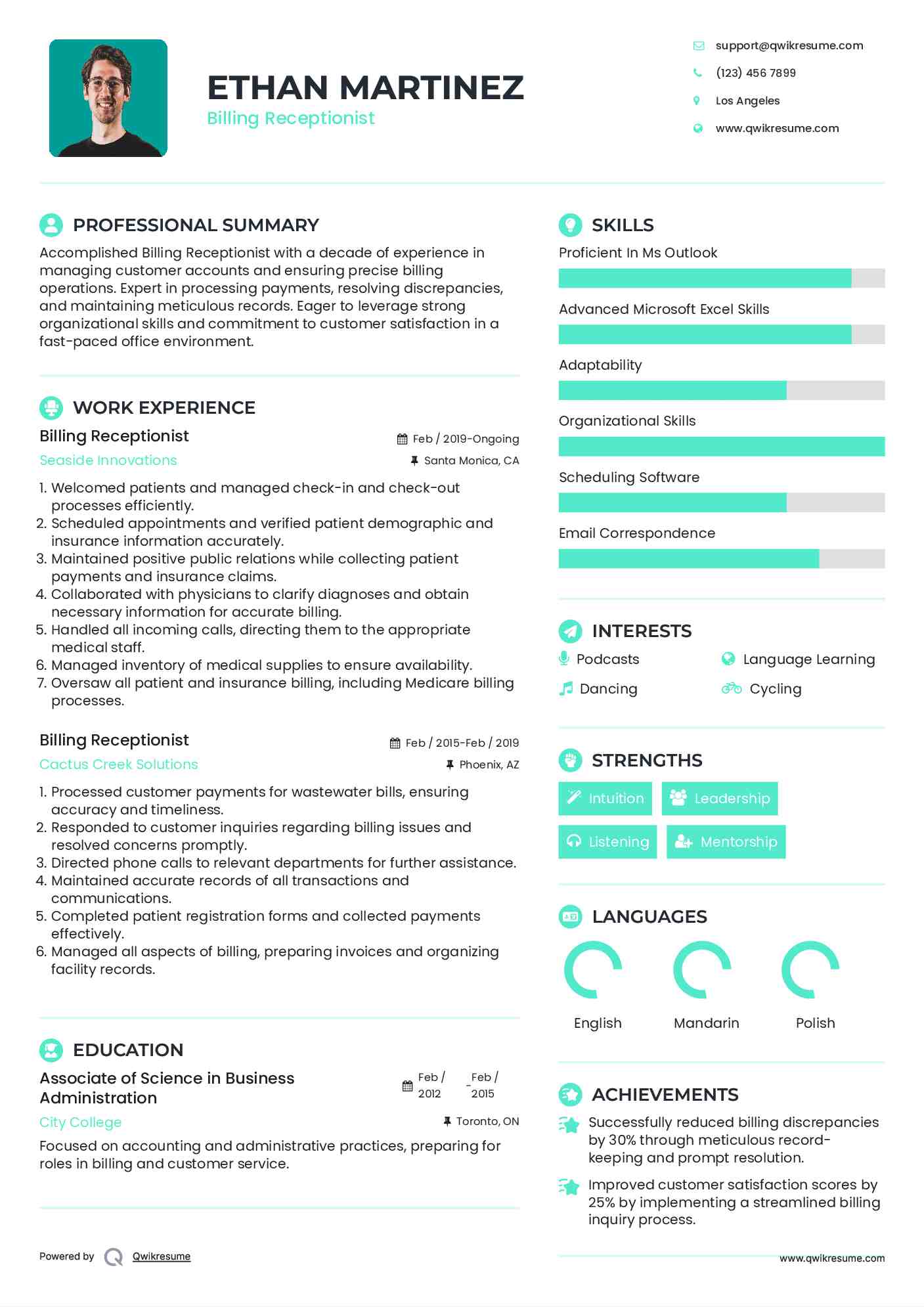 Billing Receptionist Resume Model