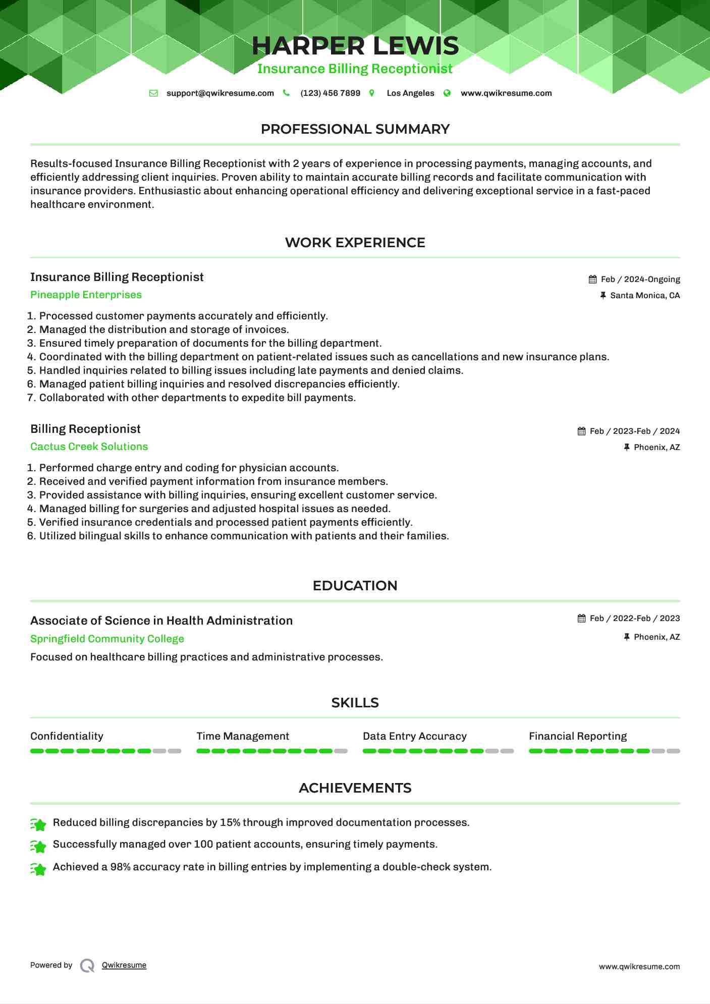 Insurance Billing Receptionist Resume Sample