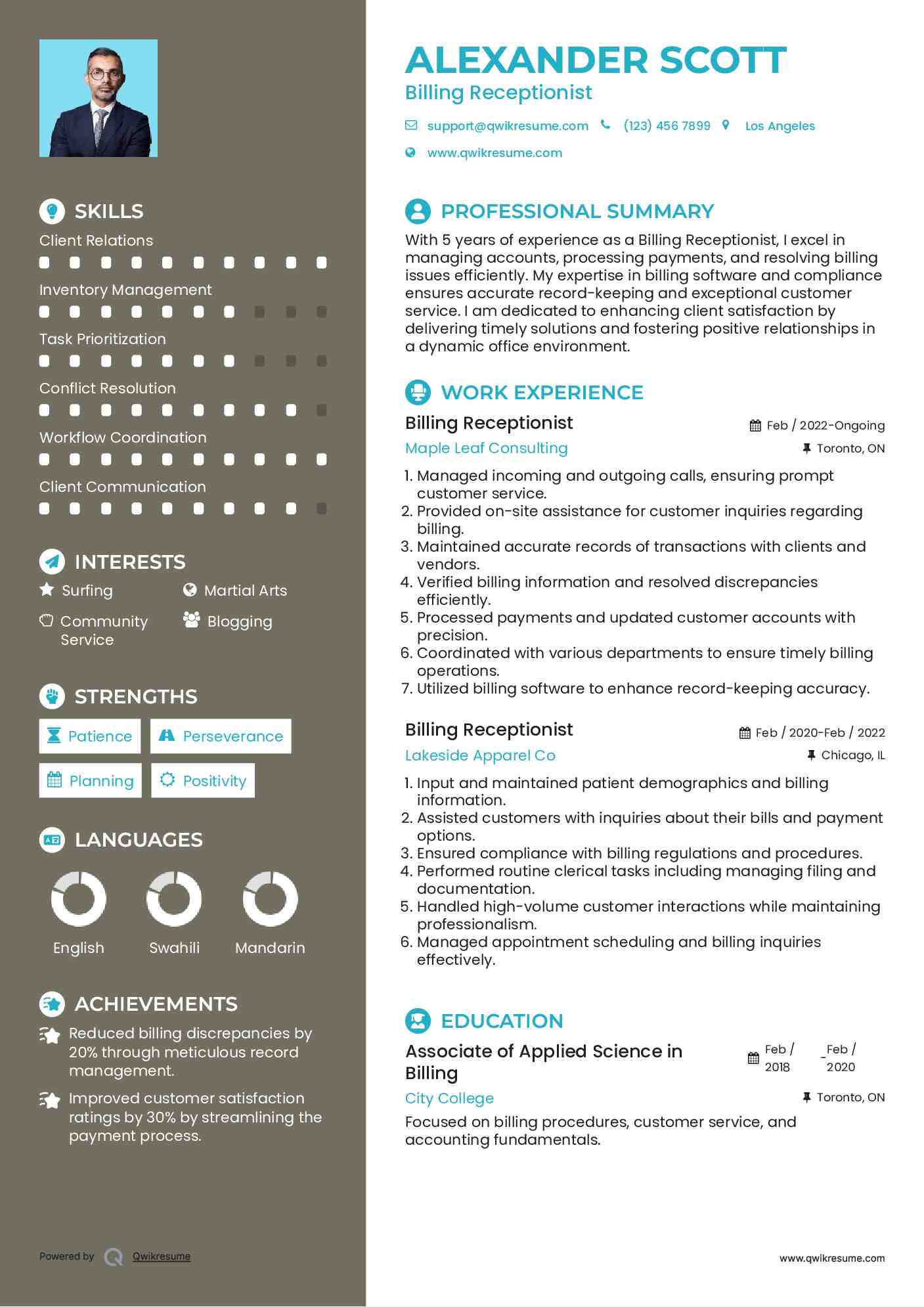 Billing Receptionist Resume Example