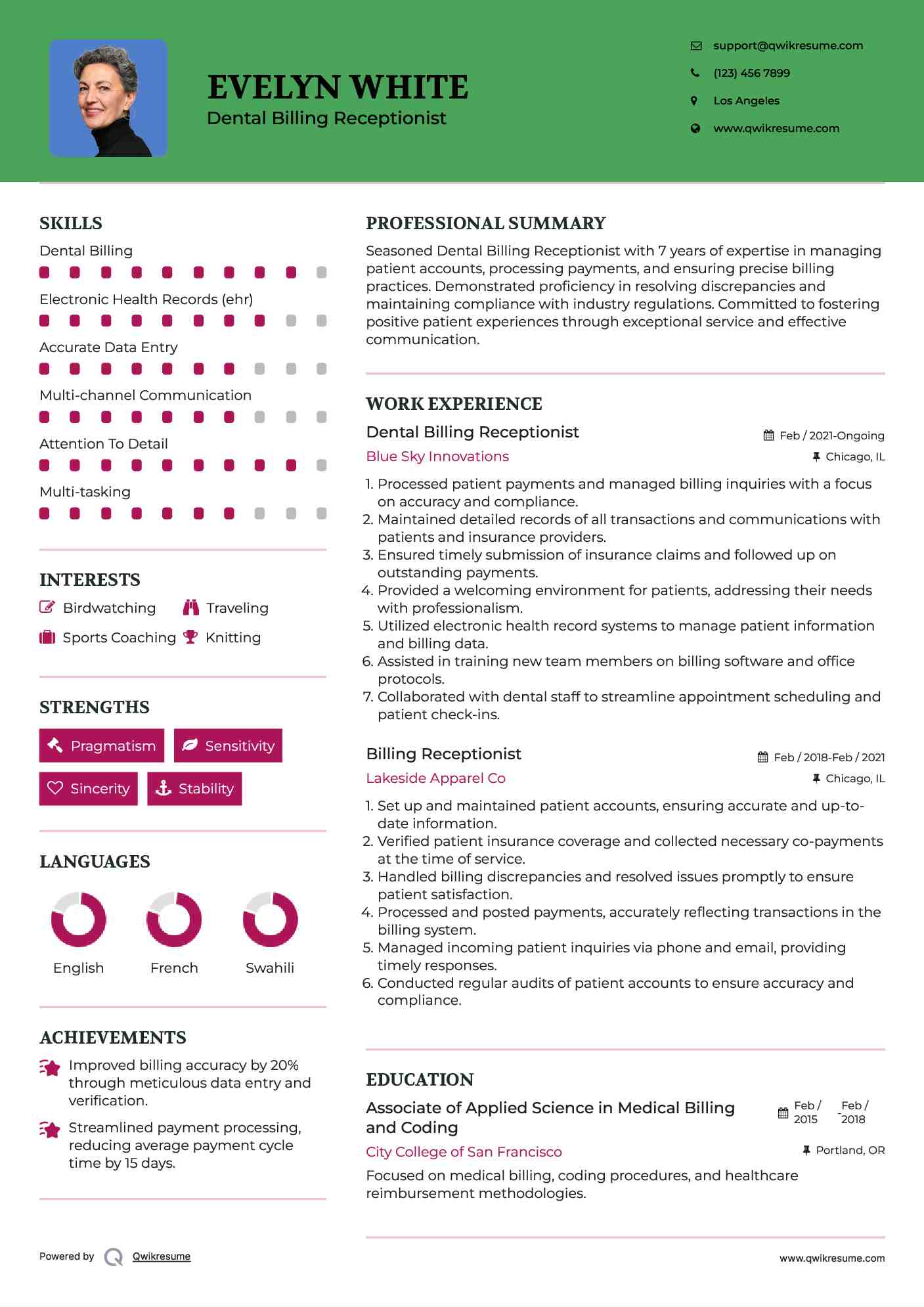 Dental Billing Receptionist Resume Sample