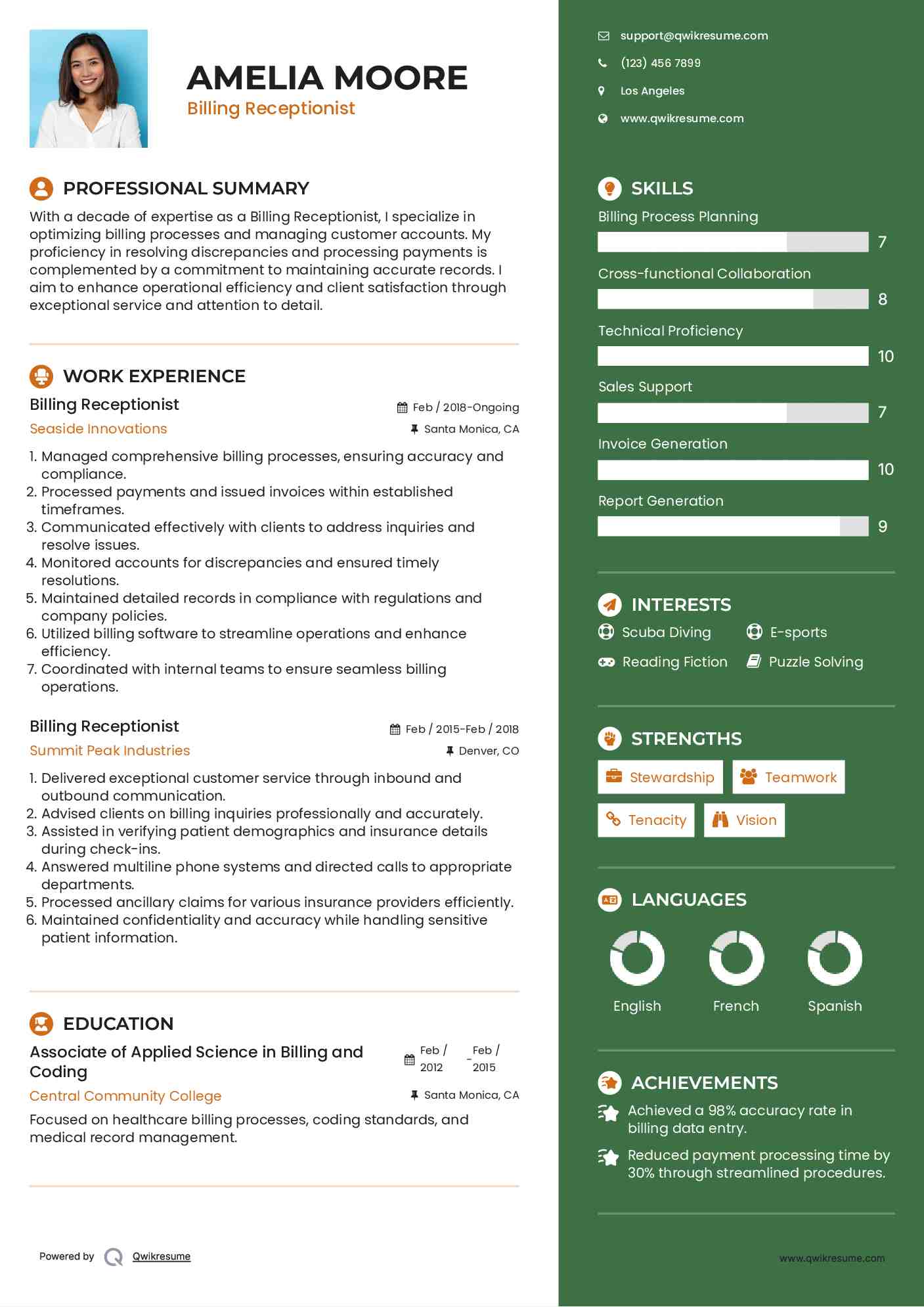 Billing Receptionist Resume Template