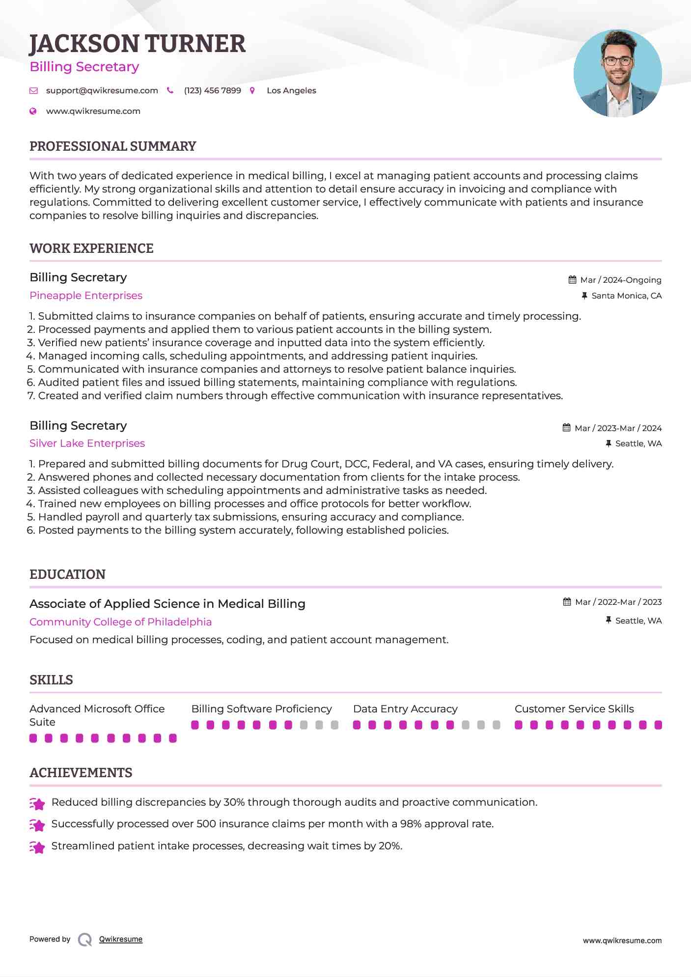 Billing Secretary Resume Format