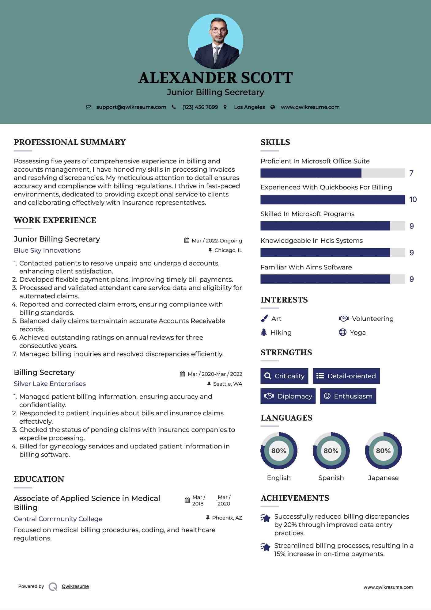Junior Billing Secretary Resume Format