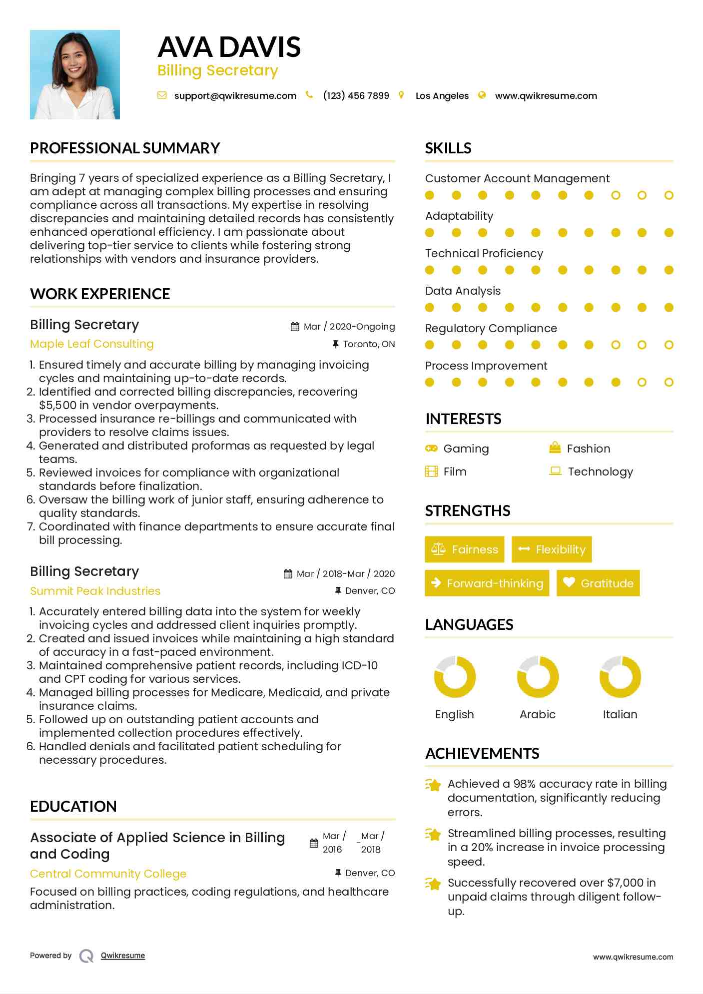 Billing Secretary Resume Sample