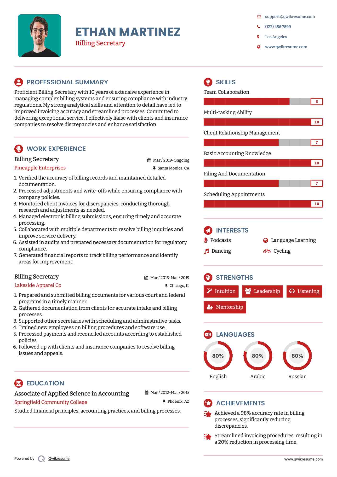Billing Secretary Resume Format