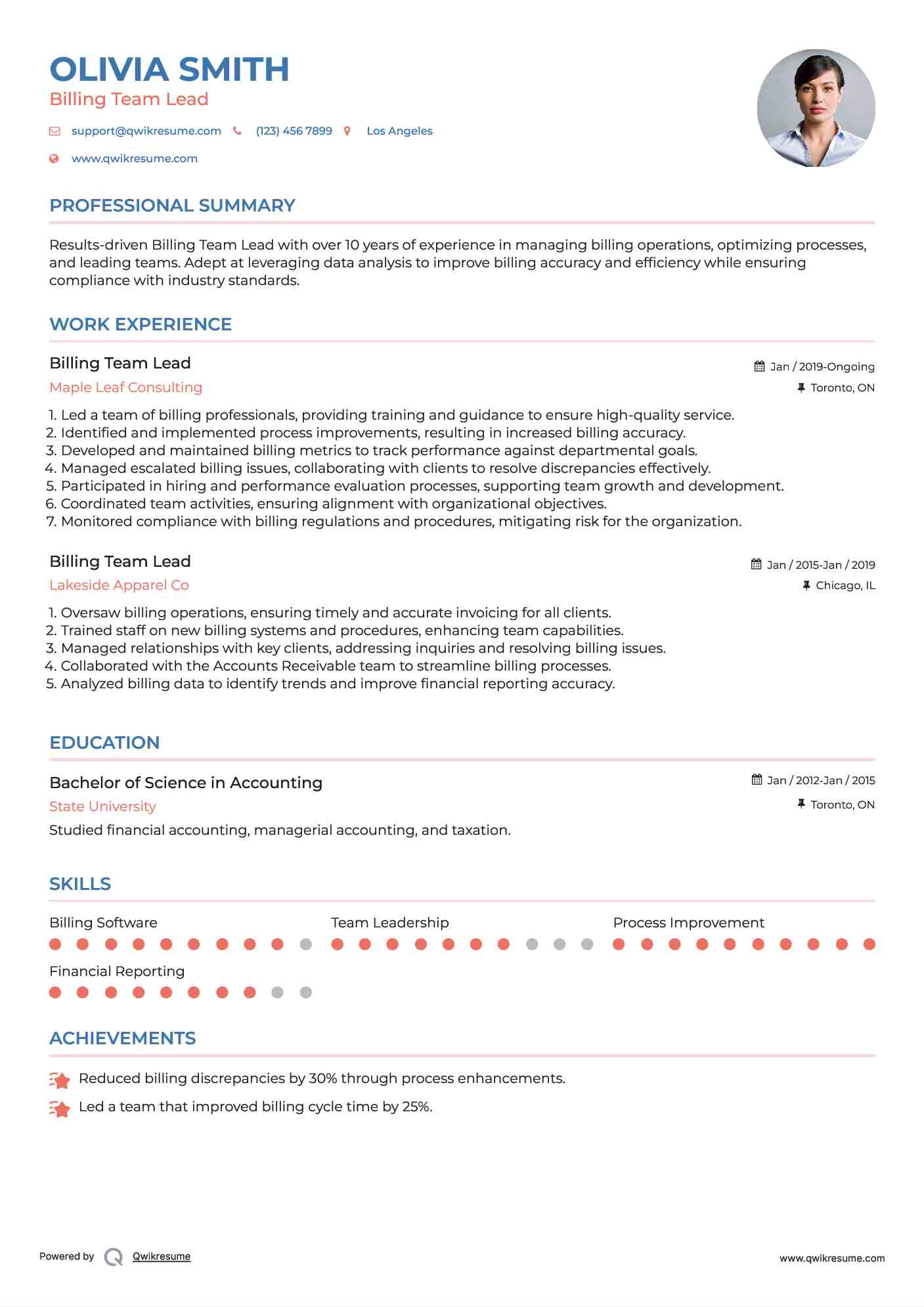 Billing Team Lead Resume Model