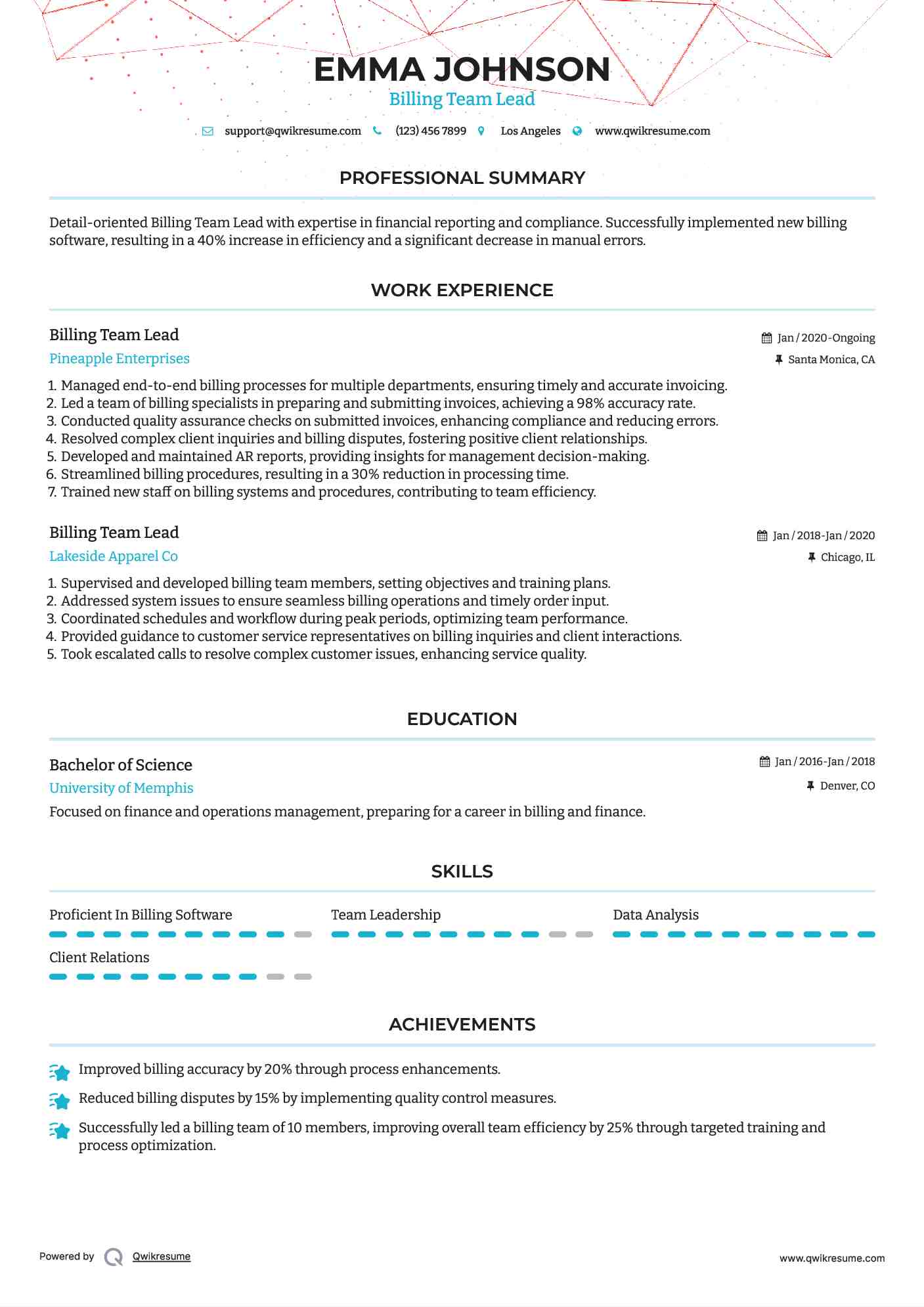 Billing Team Lead Resume Example