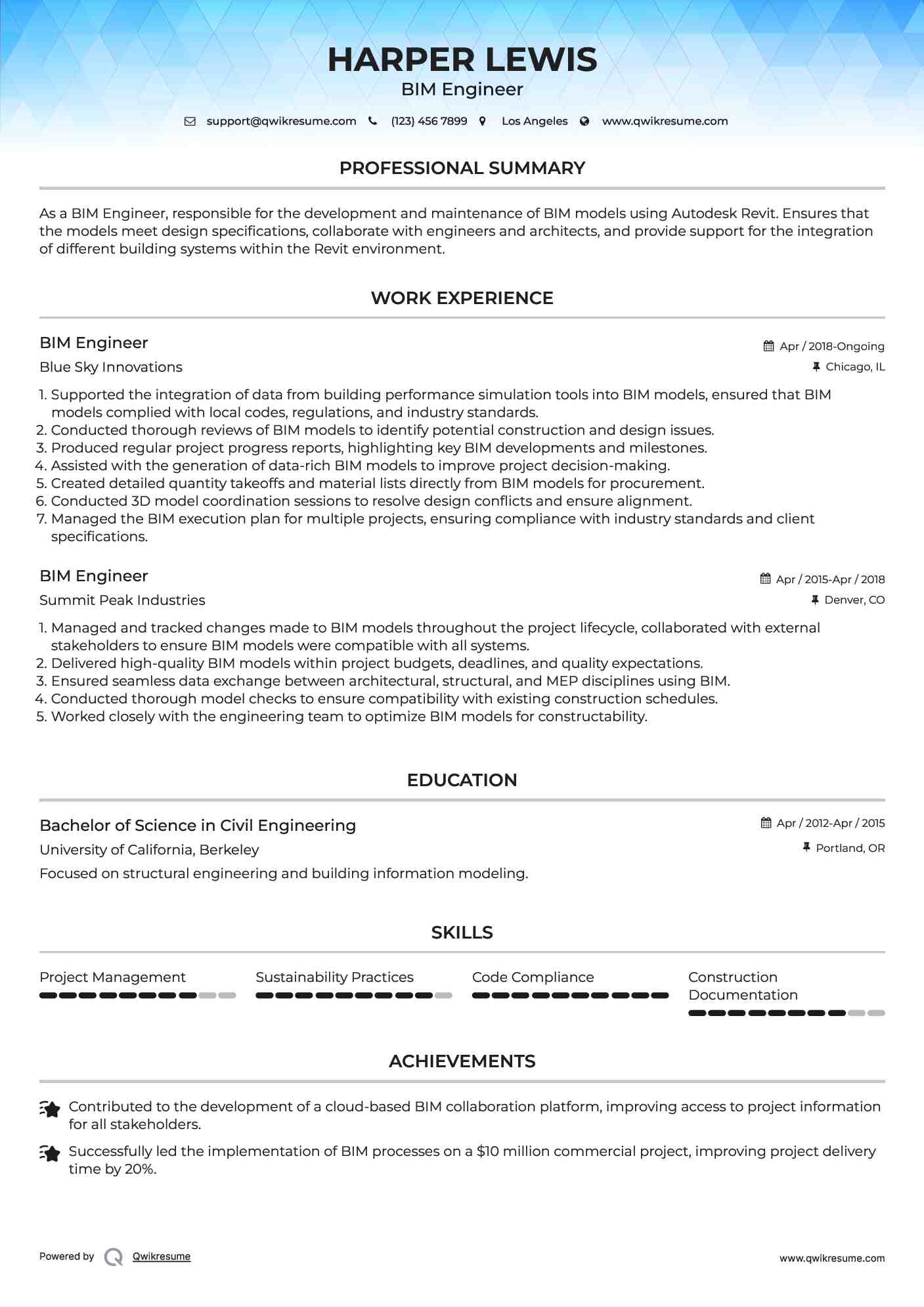 BIM Engineer Resume Example