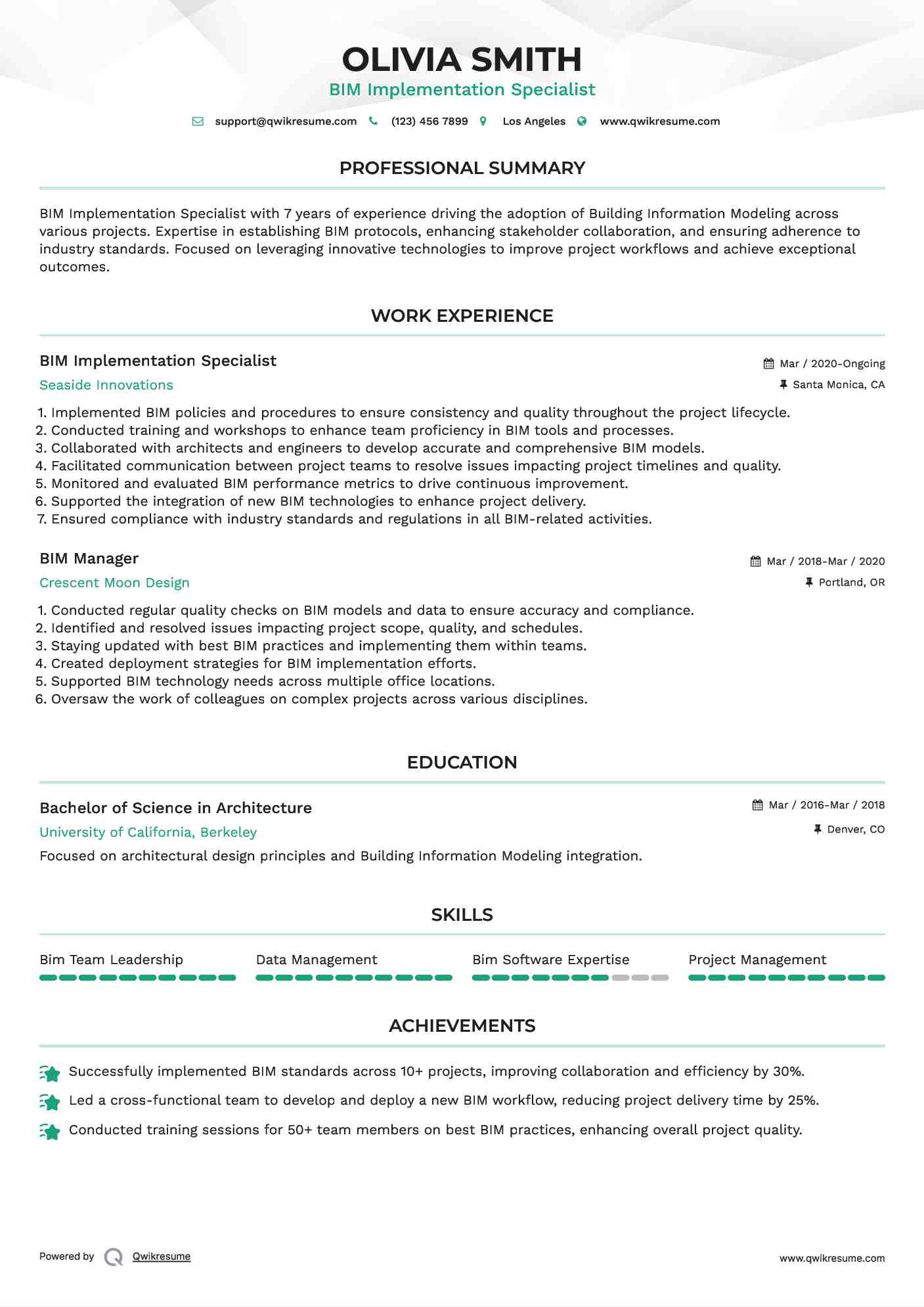 BIM Implementation Specialist Resume Template