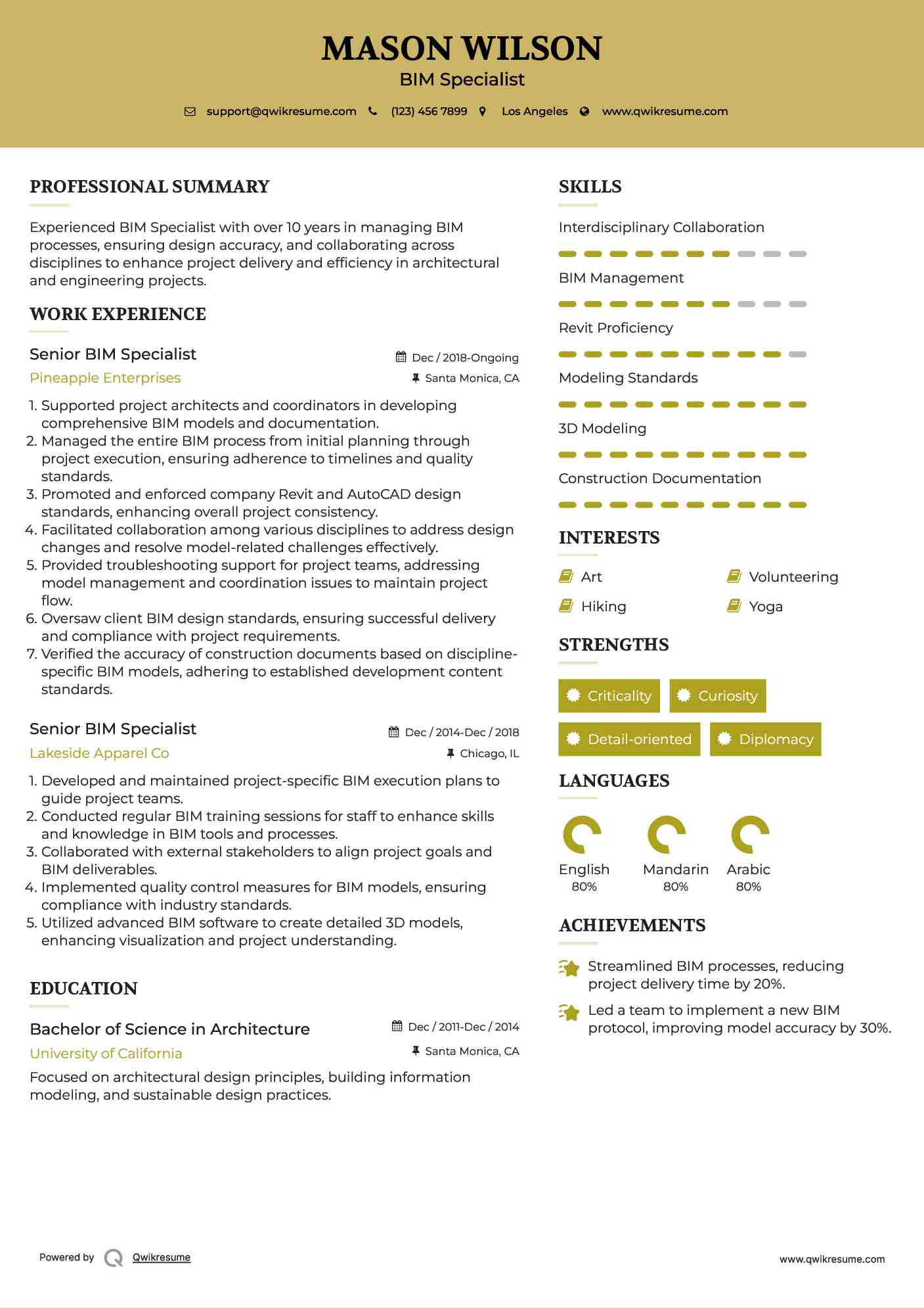 Senior BIM Specialist Resume Template