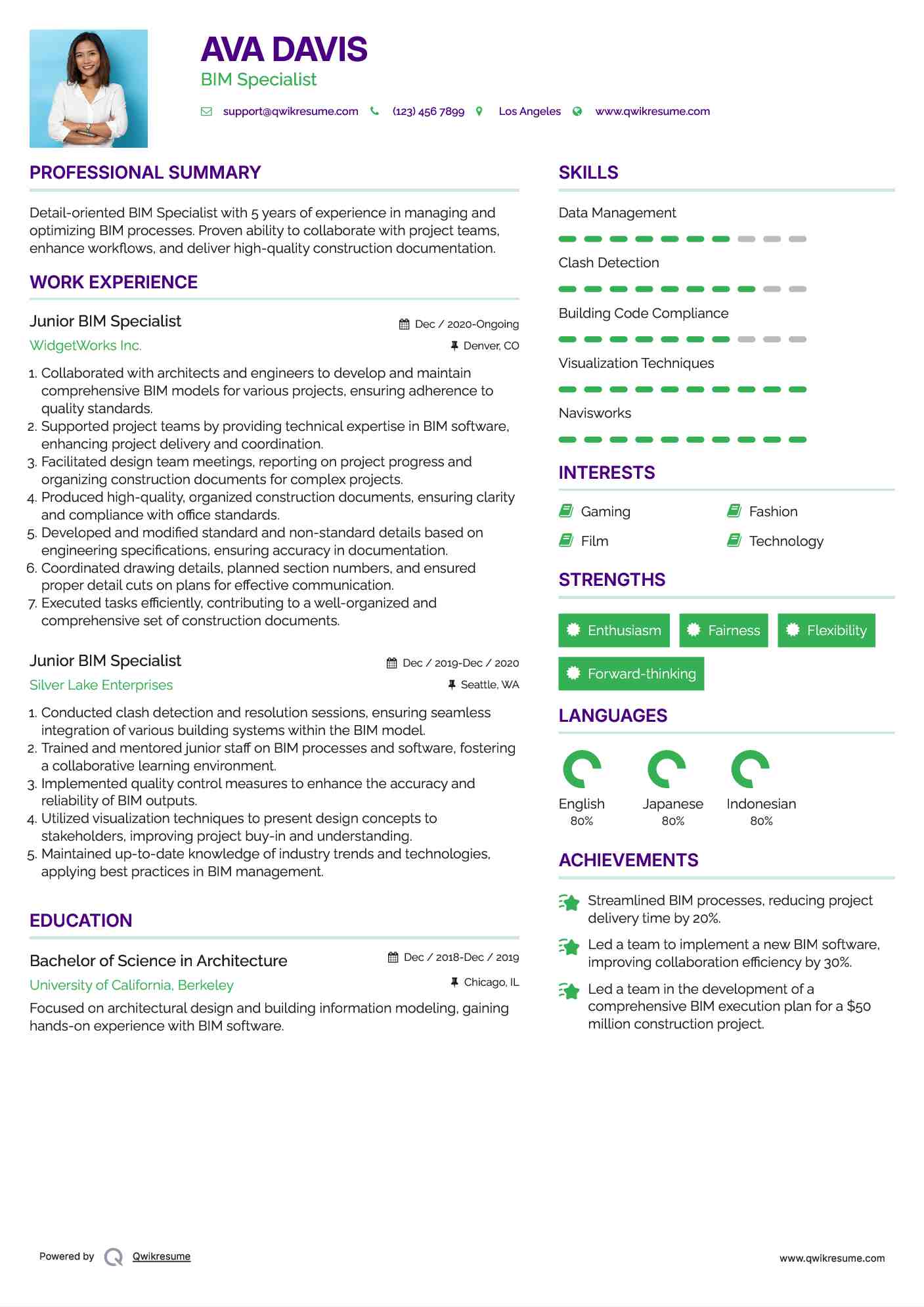 Junior BIM Specialist Resume Template