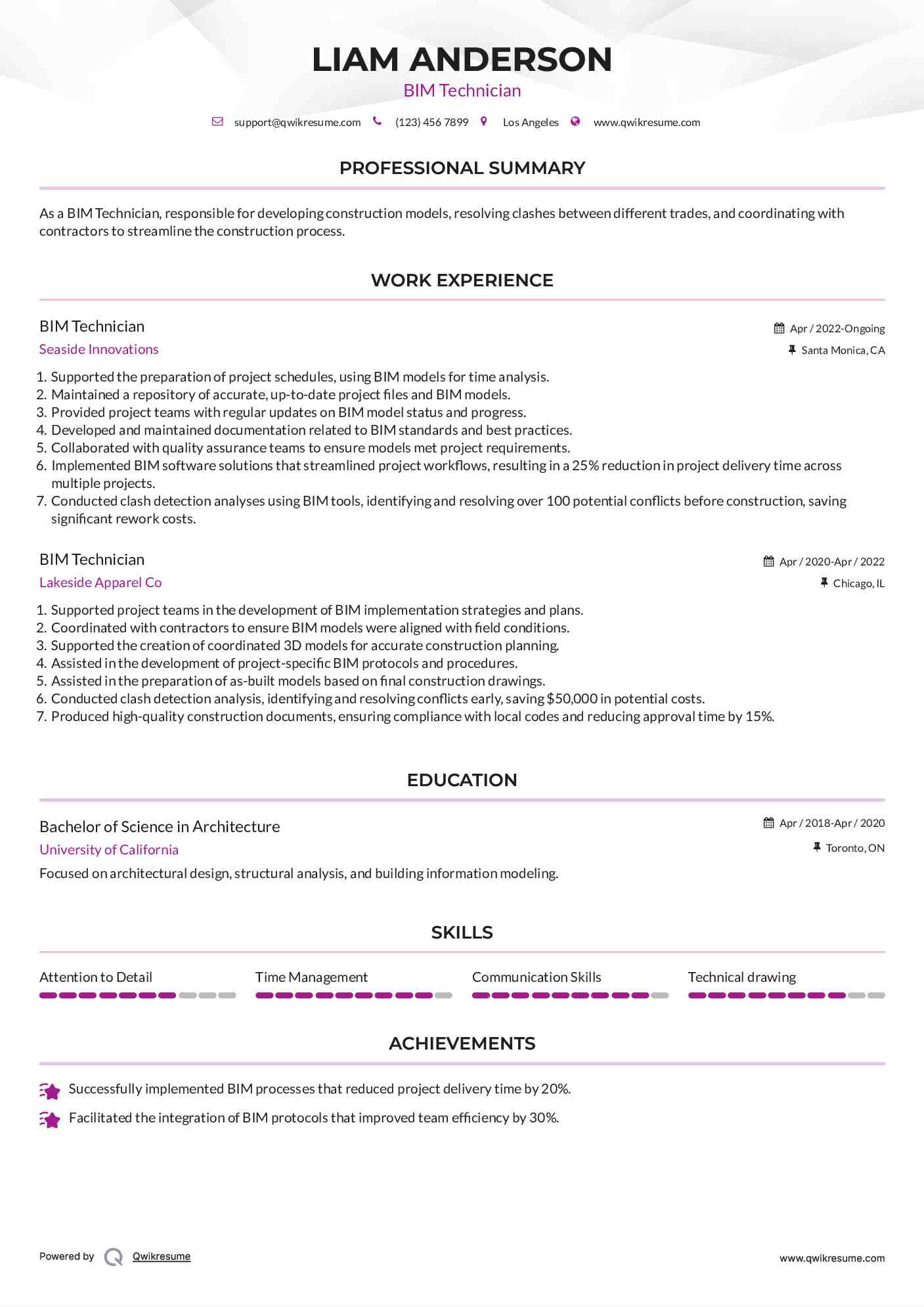 BIM Technician Resume Sample