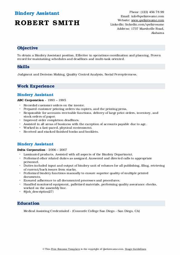 Bindery Assistant Resume Samples QwikResume