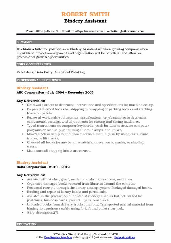 Bindery Assistant Resume Samples QwikResume