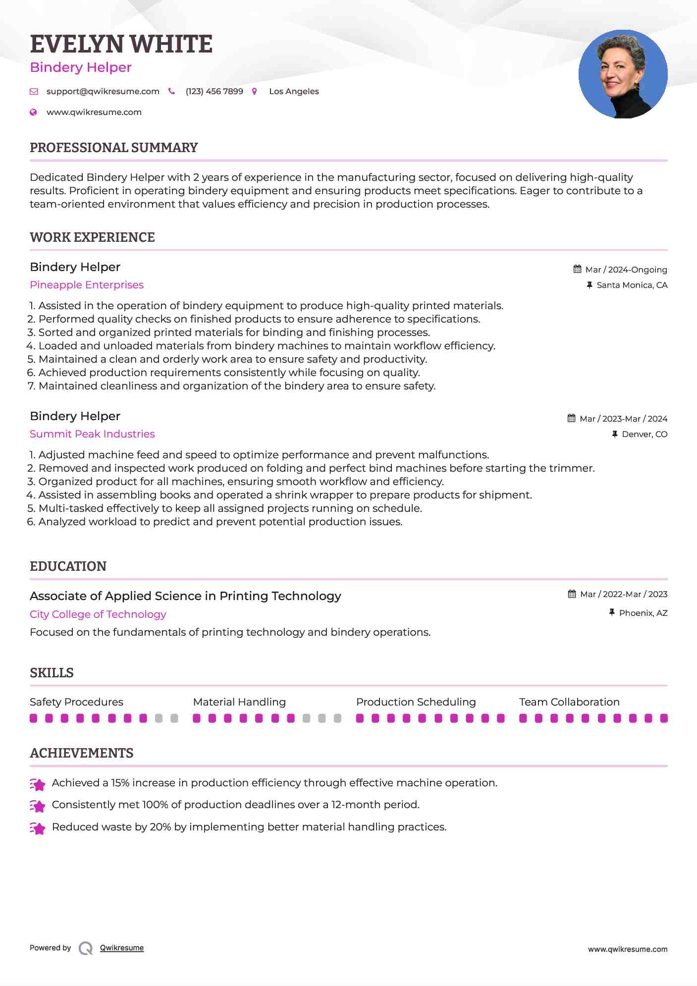 Bindery Helper Resume Format