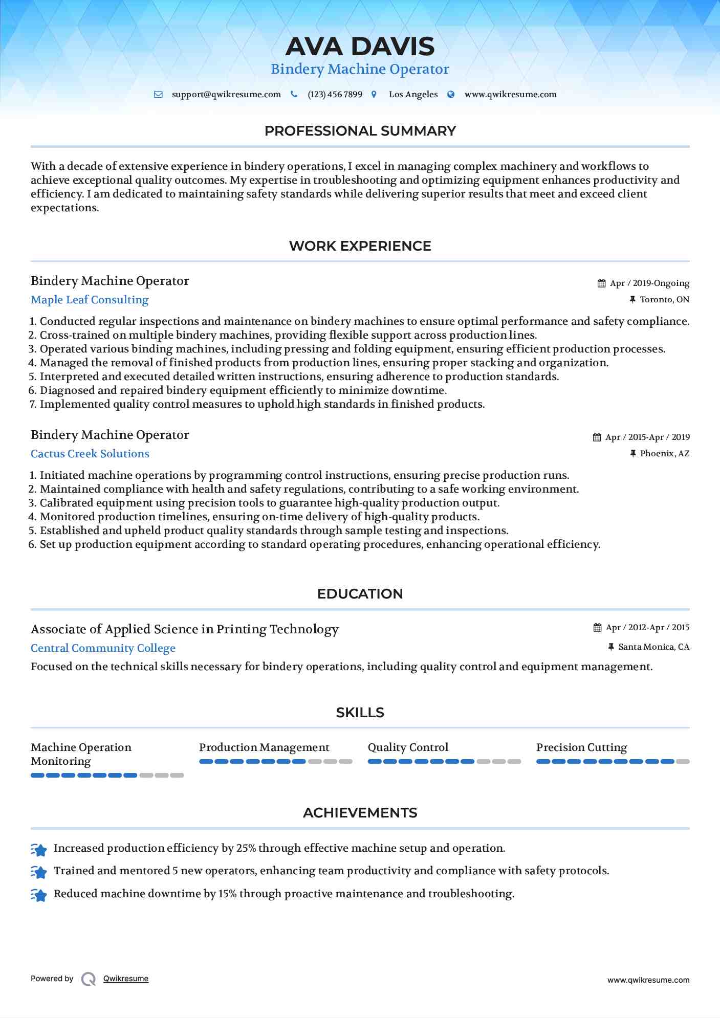 Bindery Machine Operator Resume Samples QwikResume