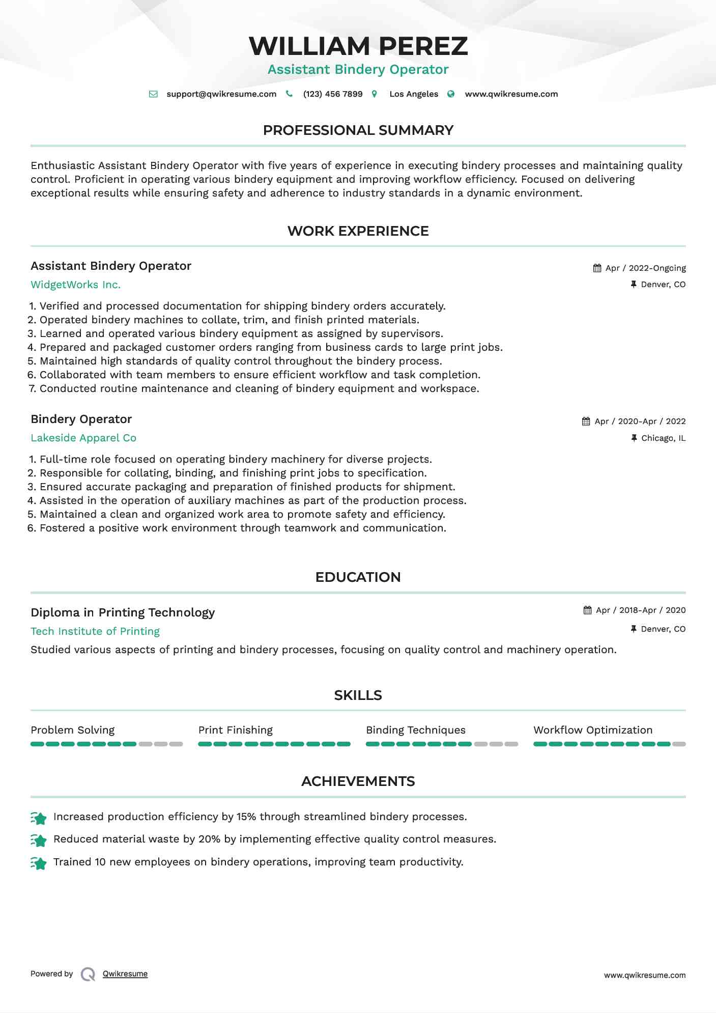 Assistant Bindery Operator Resume Sample