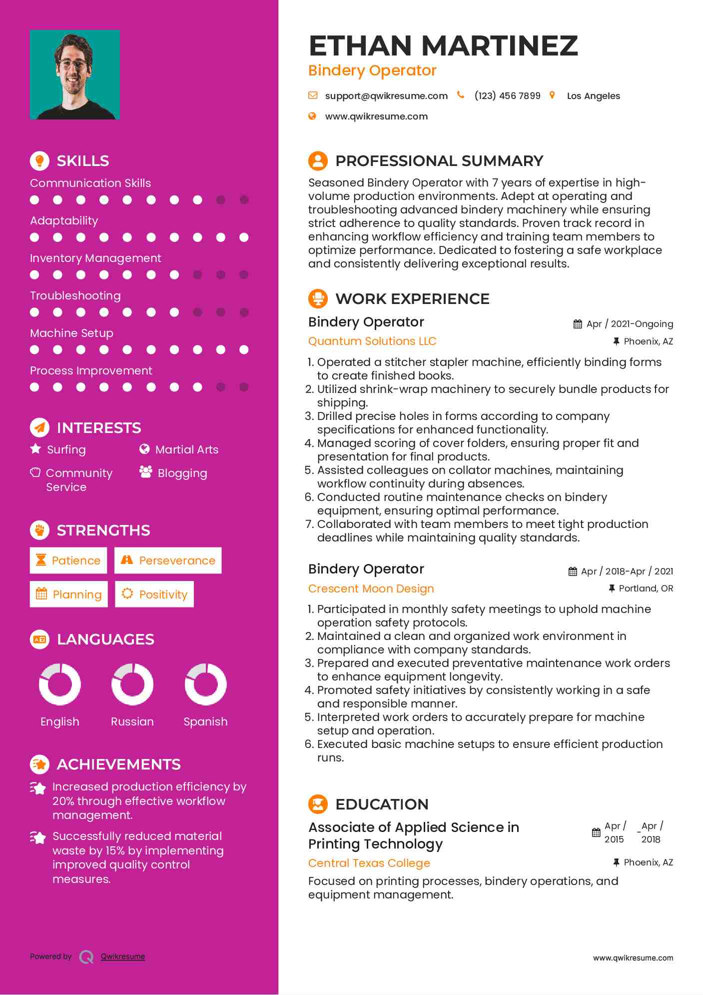 Bindery Operator Resume Samples QwikResume