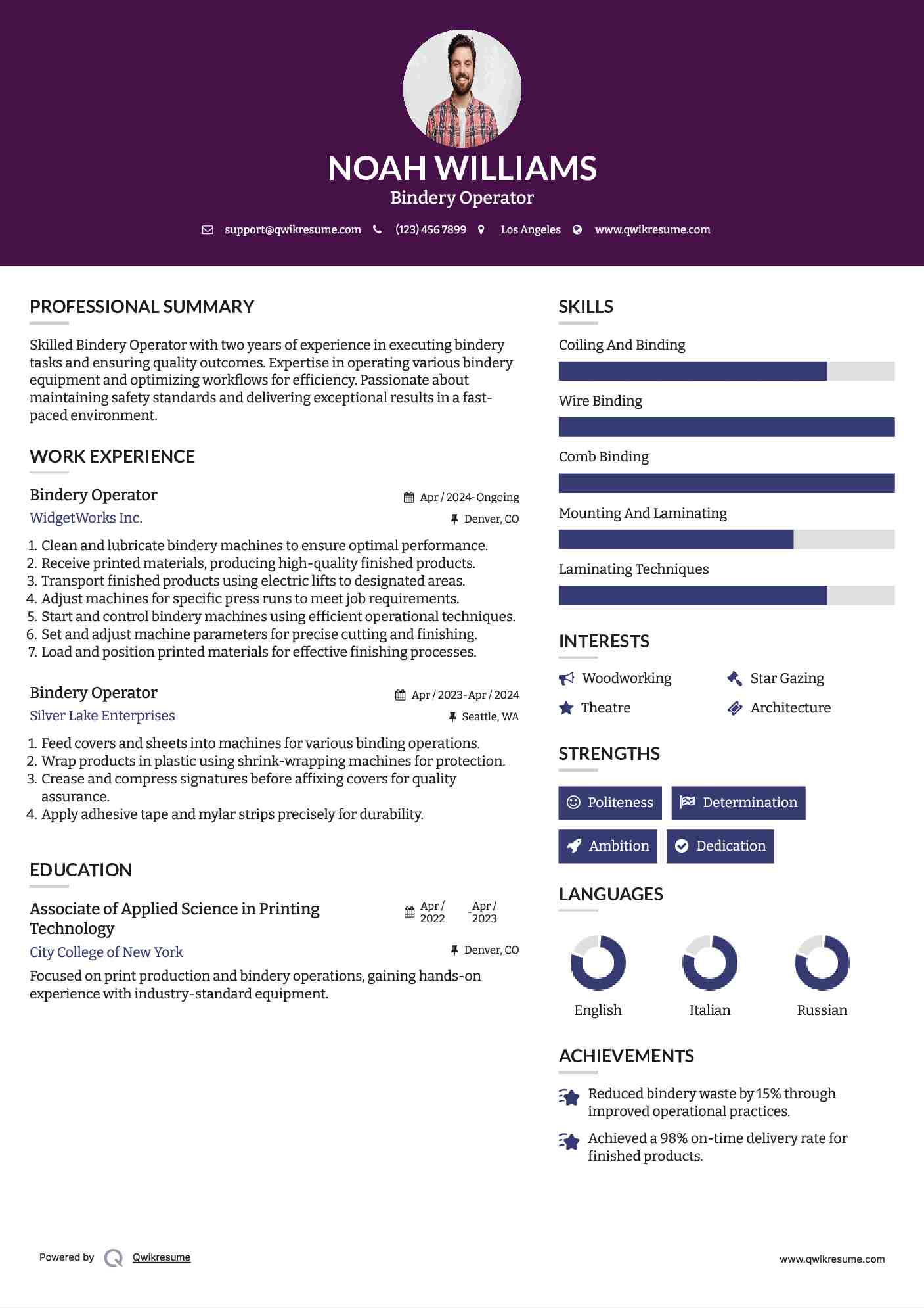 Bindery Operator Resume Samples QwikResume